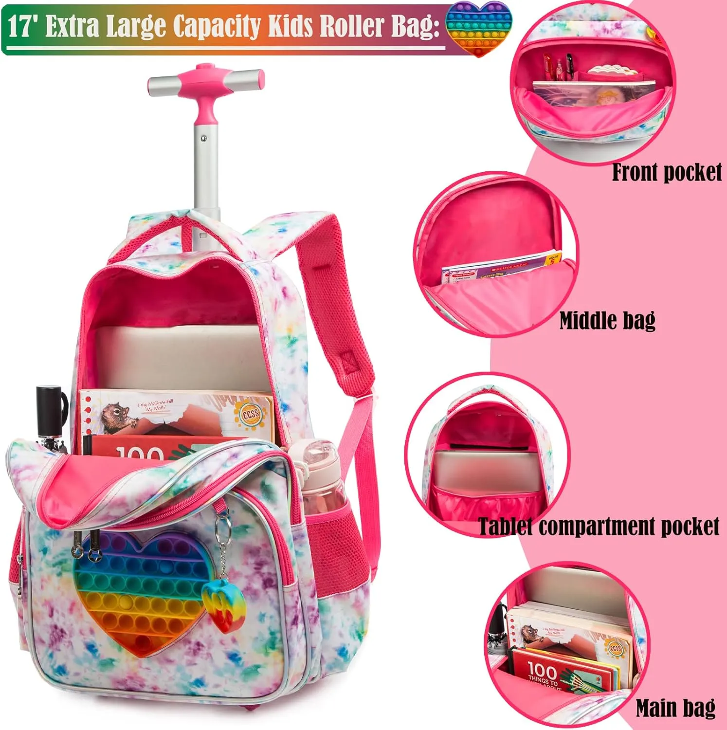 Egchescebo School Kids Rolling Backpack for Girls With Wheels Trolley Wheeled Backpack