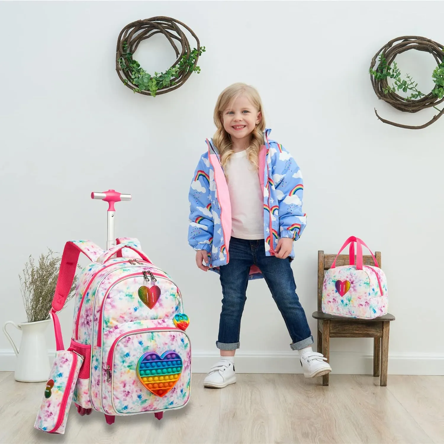 Egchescebo School Kids Rolling Backpack for Girls With Wheels Trolley Wheeled Backpack