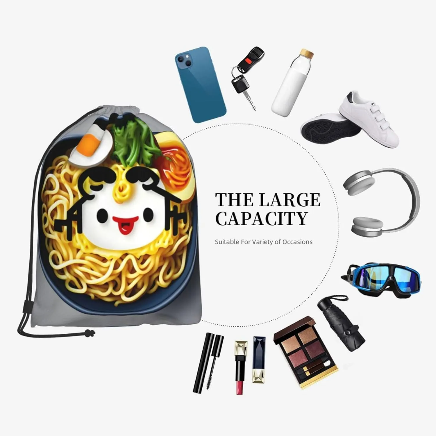 Egg Cup Noodle Ramen Drawstring Cinch Backpack Polyester Sack Pack String Bag For Hiking Camping Adventure