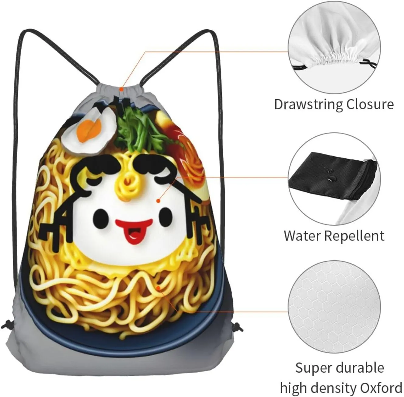 Egg Cup Noodle Ramen Drawstring Cinch Backpack Polyester Sack Pack String Bag For Hiking Camping Adventure