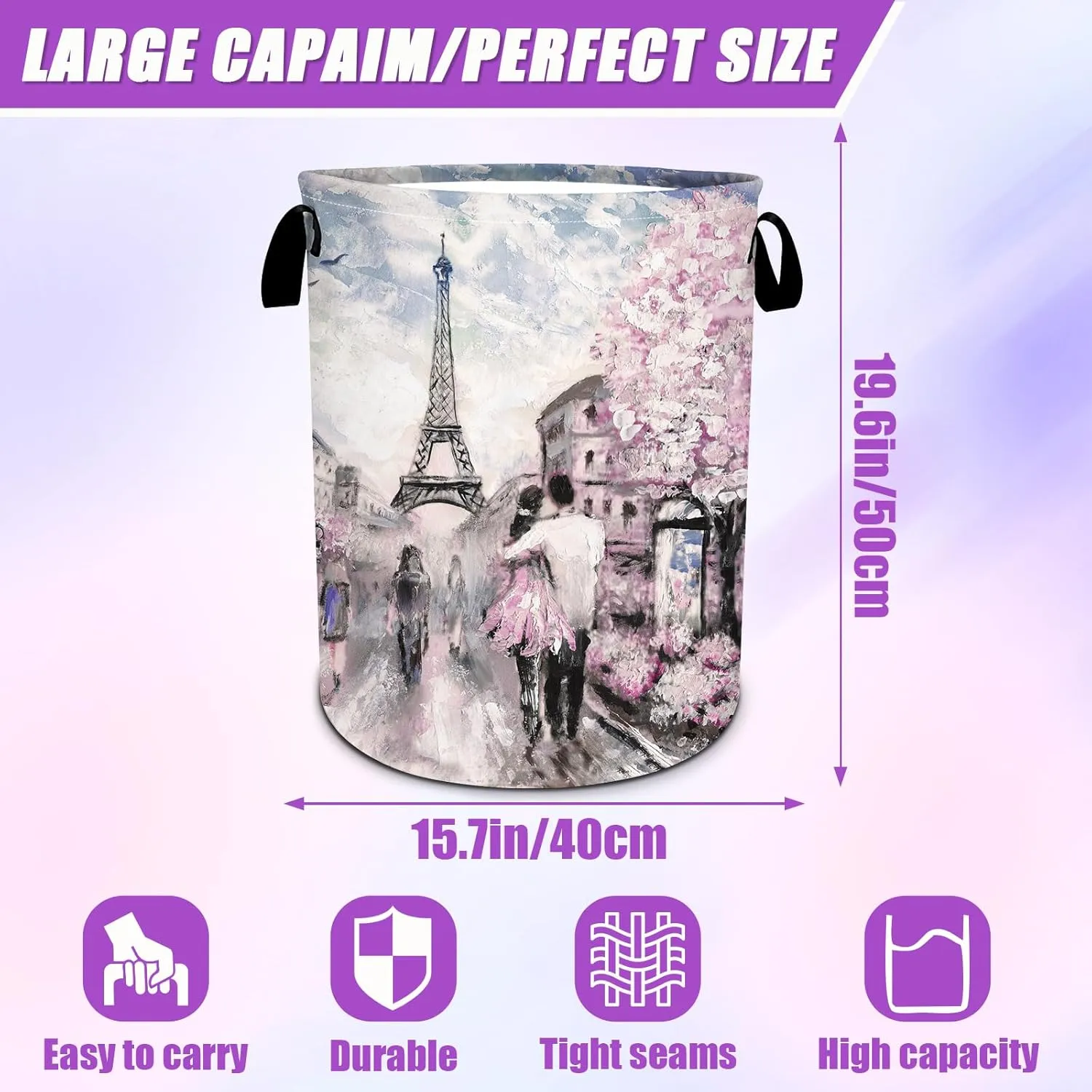 Eiffel Tower Pink Lovers Laundry Basket Foldable Laundry Hamper Tote Bag Storage Bucket Toy Organizer For Bathroom/Laundry/Bedroom（19.6x15.7inch）Valentine's Day