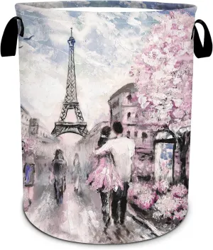 Eiffel Tower Pink Lovers Laundry Basket Foldable Laundry Hamper Tote Bag Storage Bucket Toy Organizer For Bathroom/Laundry/Bedroom（19.6x15.7inch）Valentine's Day