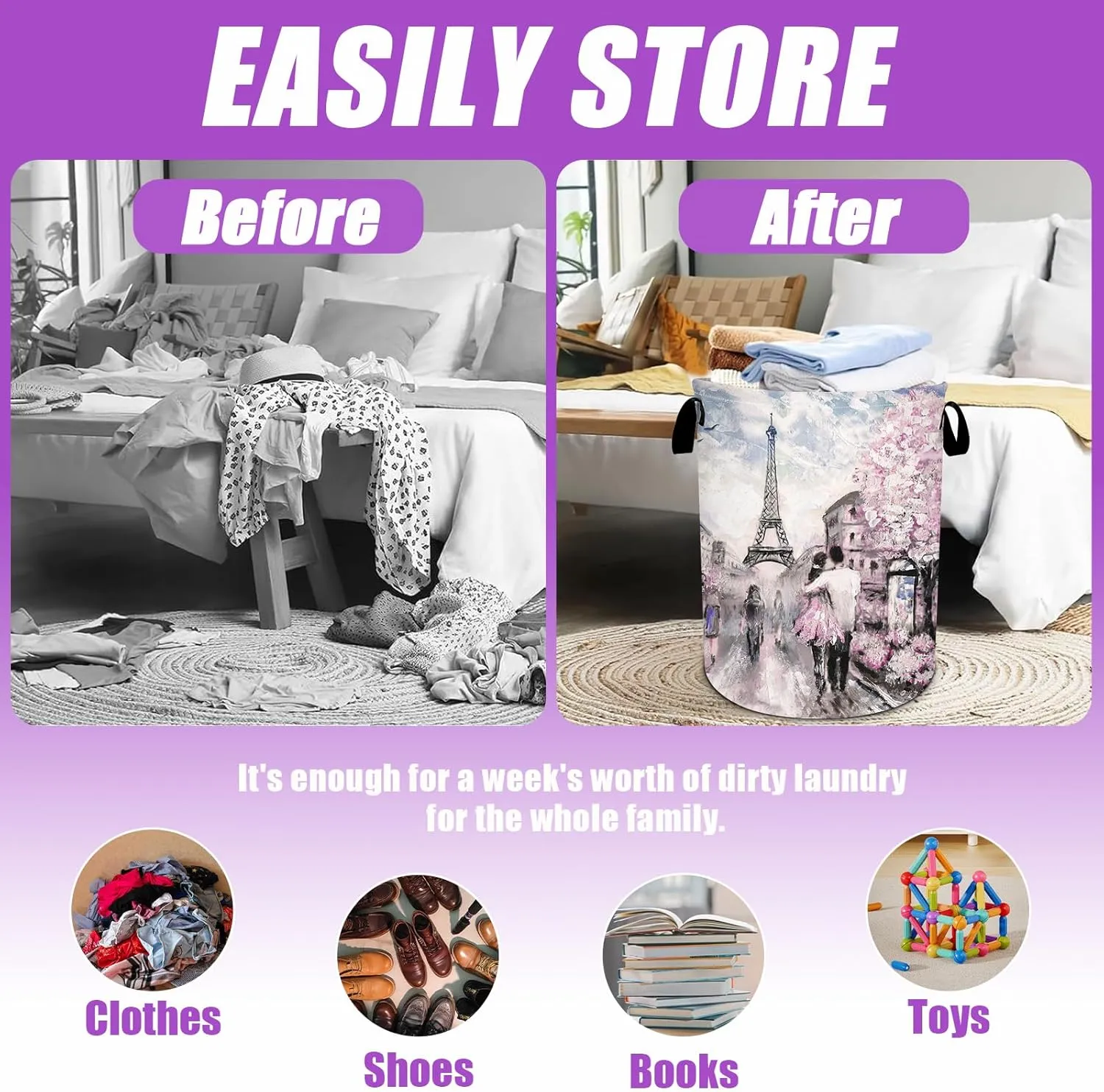 Eiffel Tower Pink Lovers Laundry Basket Foldable Laundry Hamper Tote Bag Storage Bucket Toy Organizer For Bathroom/Laundry/Bedroom（19.6x15.7inch）Valentine's Day
