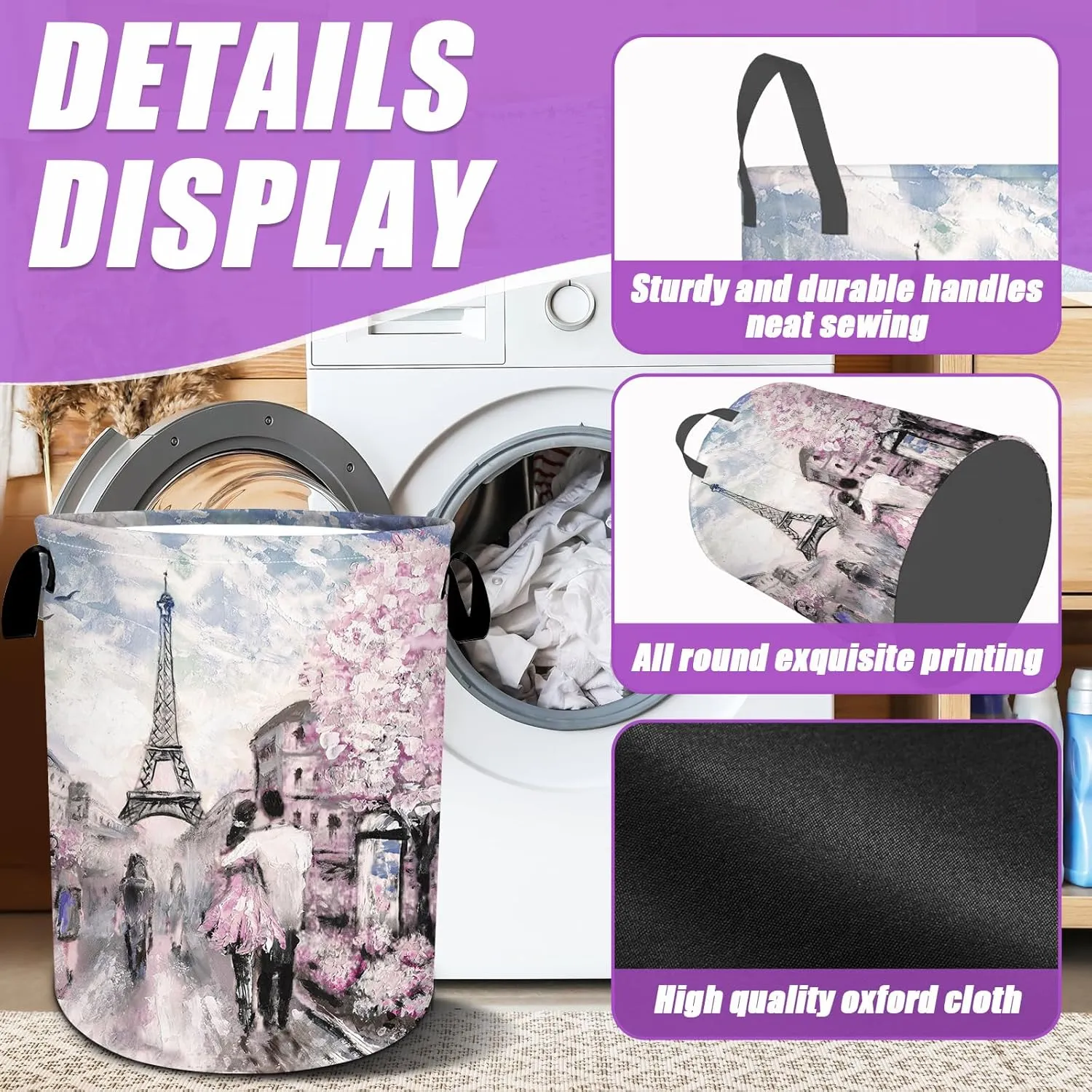 Eiffel Tower Pink Lovers Laundry Basket Foldable Laundry Hamper Tote Bag Storage Bucket Toy Organizer For Bathroom/Laundry/Bedroom（19.6x15.7inch）Valentine's Day