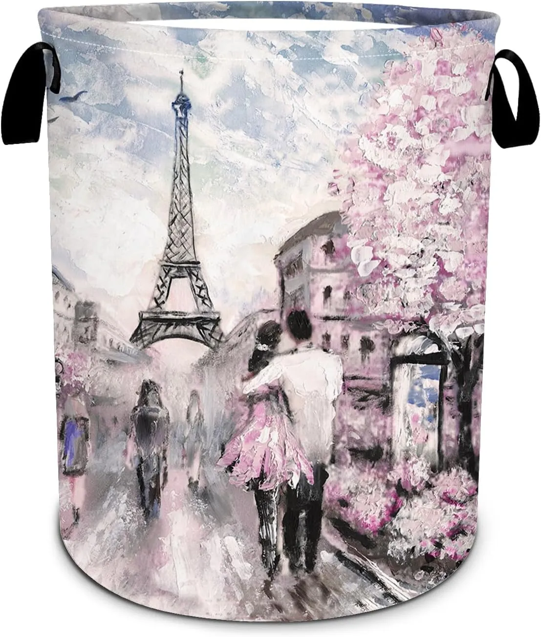 Eiffel Tower Pink Lovers Laundry Basket Foldable Laundry Hamper Tote Bag Storage Bucket Toy Organizer For Bathroom/Laundry/Bedroom（19.6x15.7inch）Valentine's Day