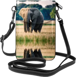 Elephant In The Grassland Pattern Leather Crossbody Flap Phone Bag - Versatile Gift for Women Walking, Camping, Shopping, and Travel
