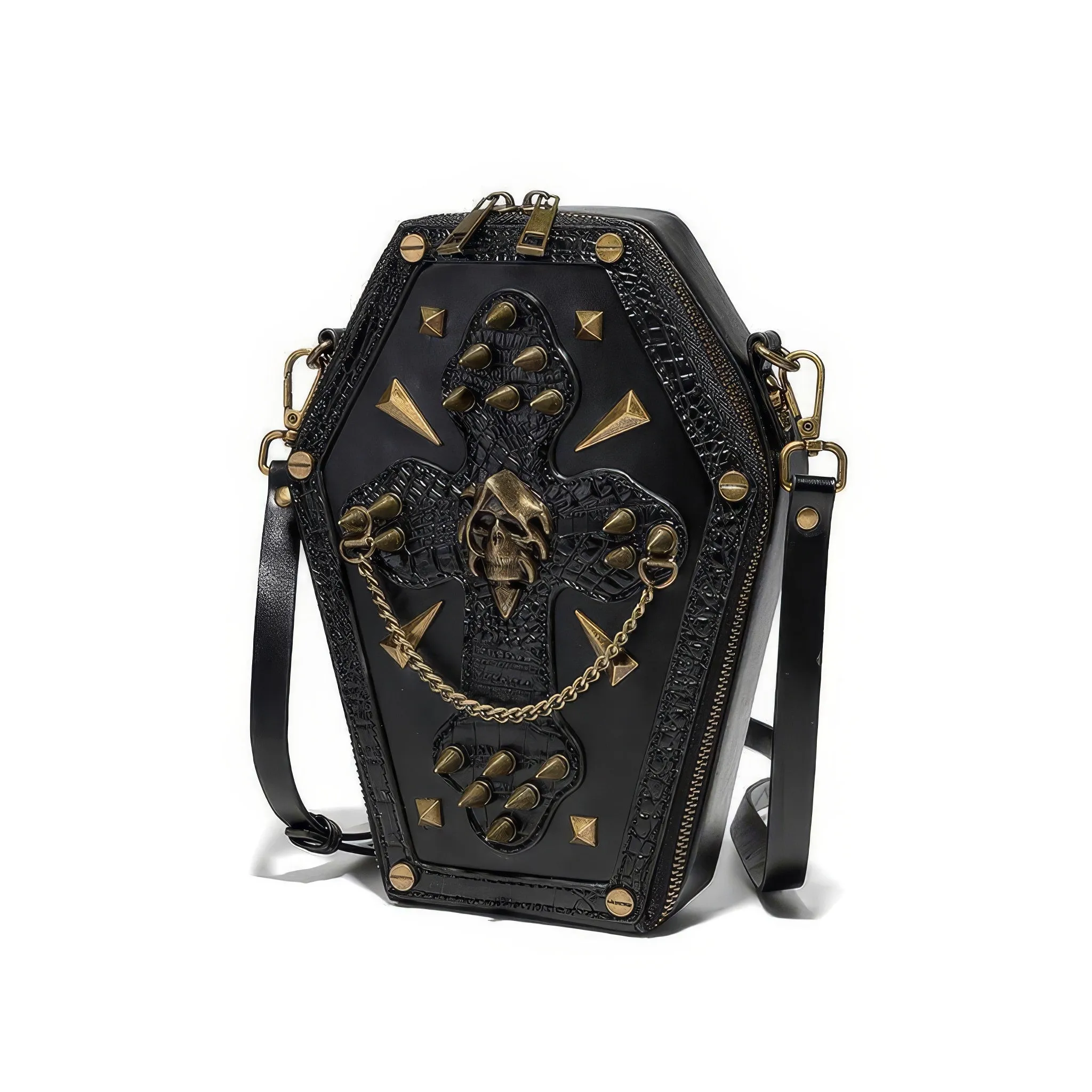 Embroidered Skull Stud Coffin Crossbody Bag