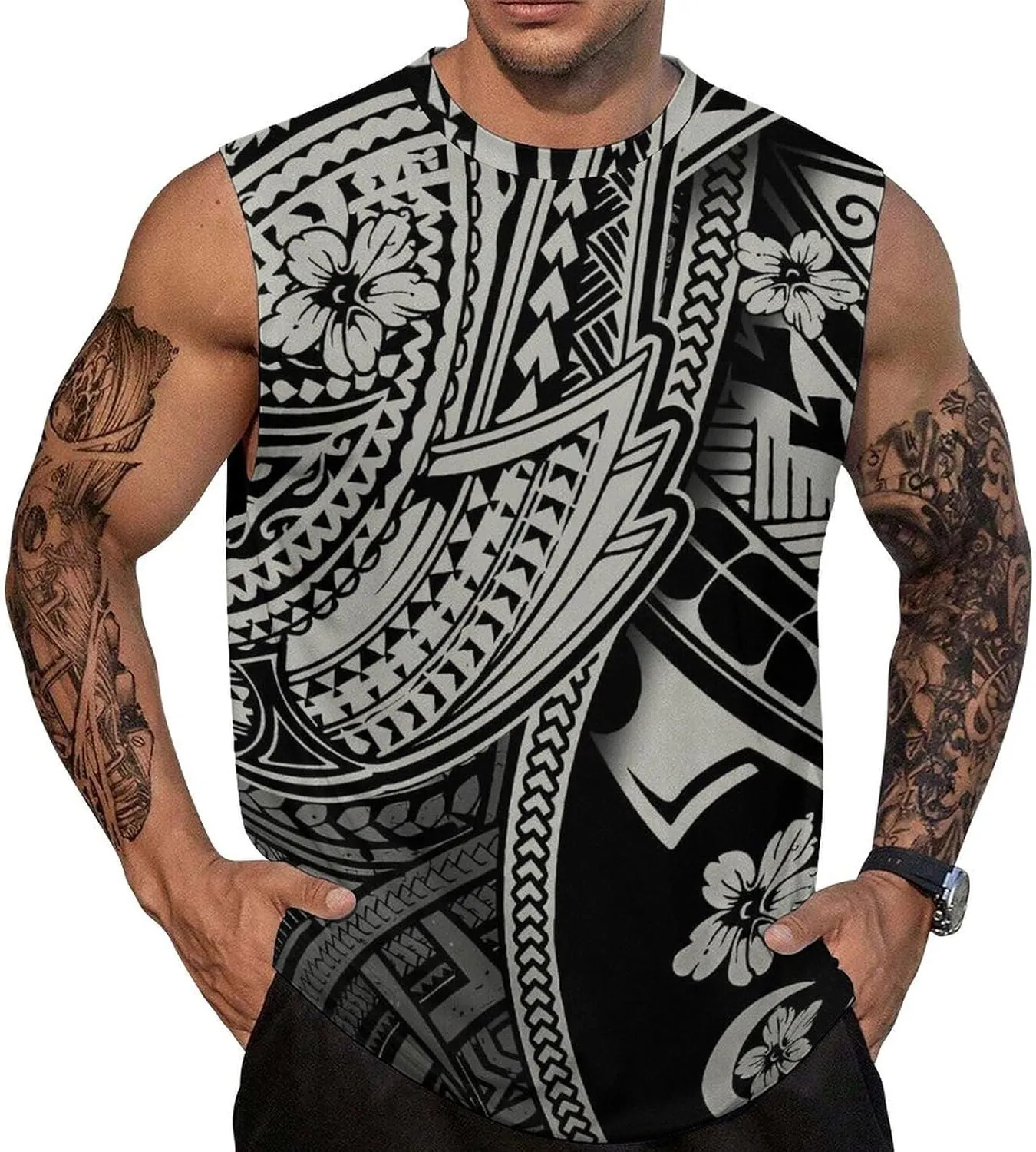 ENLACHIC Men Polynesian Tribal Tattoo Print Muscle Tank Top Sleeveless Gym Shirt Plus Size