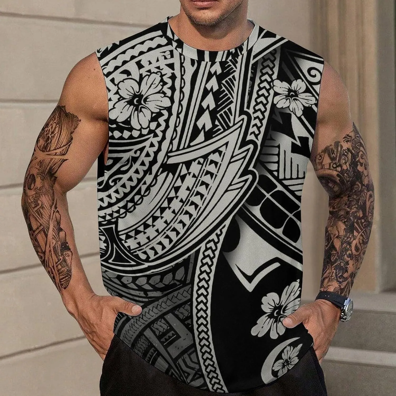 ENLACHIC Men Polynesian Tribal Tattoo Print Muscle Tank Top Sleeveless Gym Shirt Plus Size
