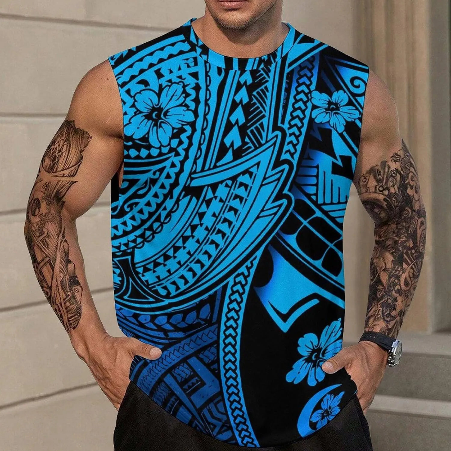 ENLACHIC Men Polynesian Tribal Tattoo Print Muscle Tank Top Sleeveless Gym Shirt Plus Size