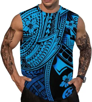 ENLACHIC Men Polynesian Tribal Tattoo Print Muscle Tank Top Sleeveless Gym Shirt Plus Size