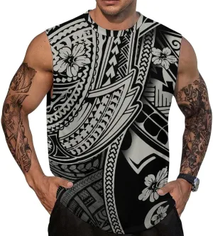 ENLACHIC Men Polynesian Tribal Tattoo Print Muscle Tank Top Sleeveless Gym Shirt Plus Size