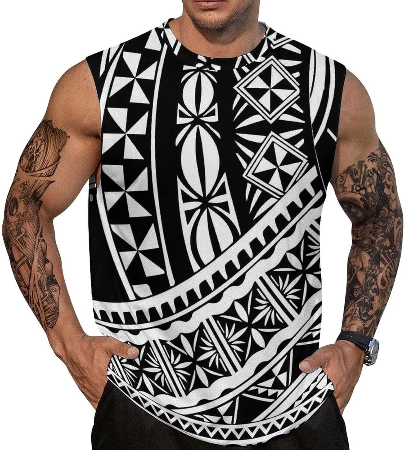 ENLACHIC Mens Muscle Shirts Samoa Tribal Tattoo Moisture-Wicking Patriotic Polynesian Tank Tops