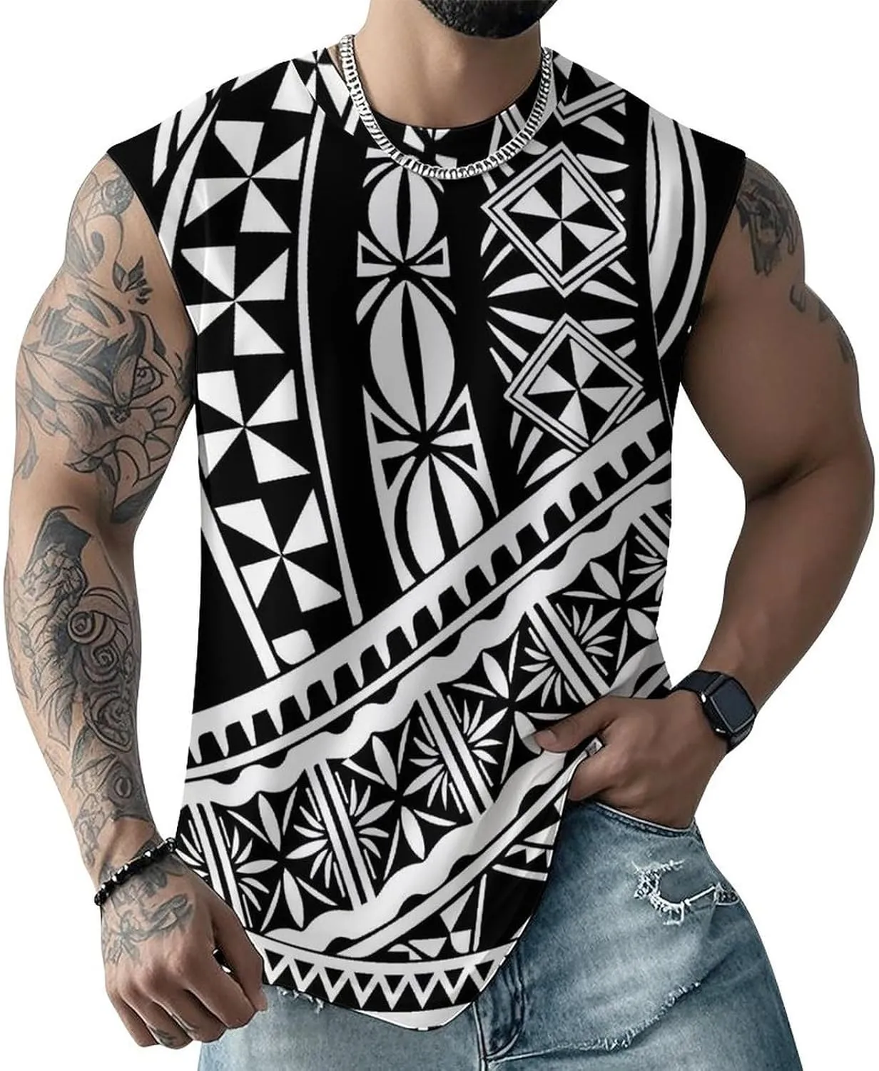 ENLACHIC Mens Muscle Shirts Samoa Tribal Tattoo Moisture-Wicking Patriotic Polynesian Tank Tops