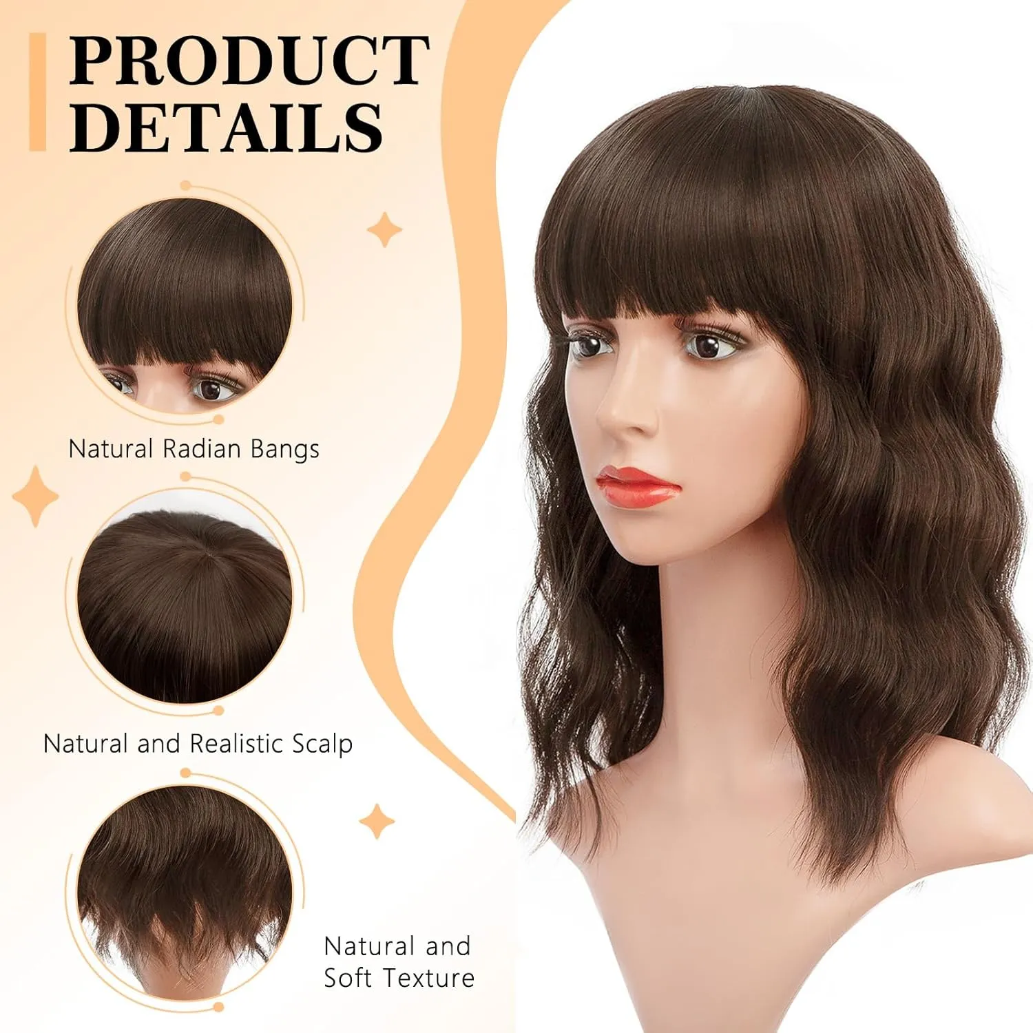 ENTRANCED STYLES Dark Brown Short Wavy Wig With Bangs Brown Wigs for Women 14inch Shoulder Length Bob Curly Wavy Wig Natural Wavy Synthetic Heat Resistant Fiber Hair for Daily Party Halloween Use