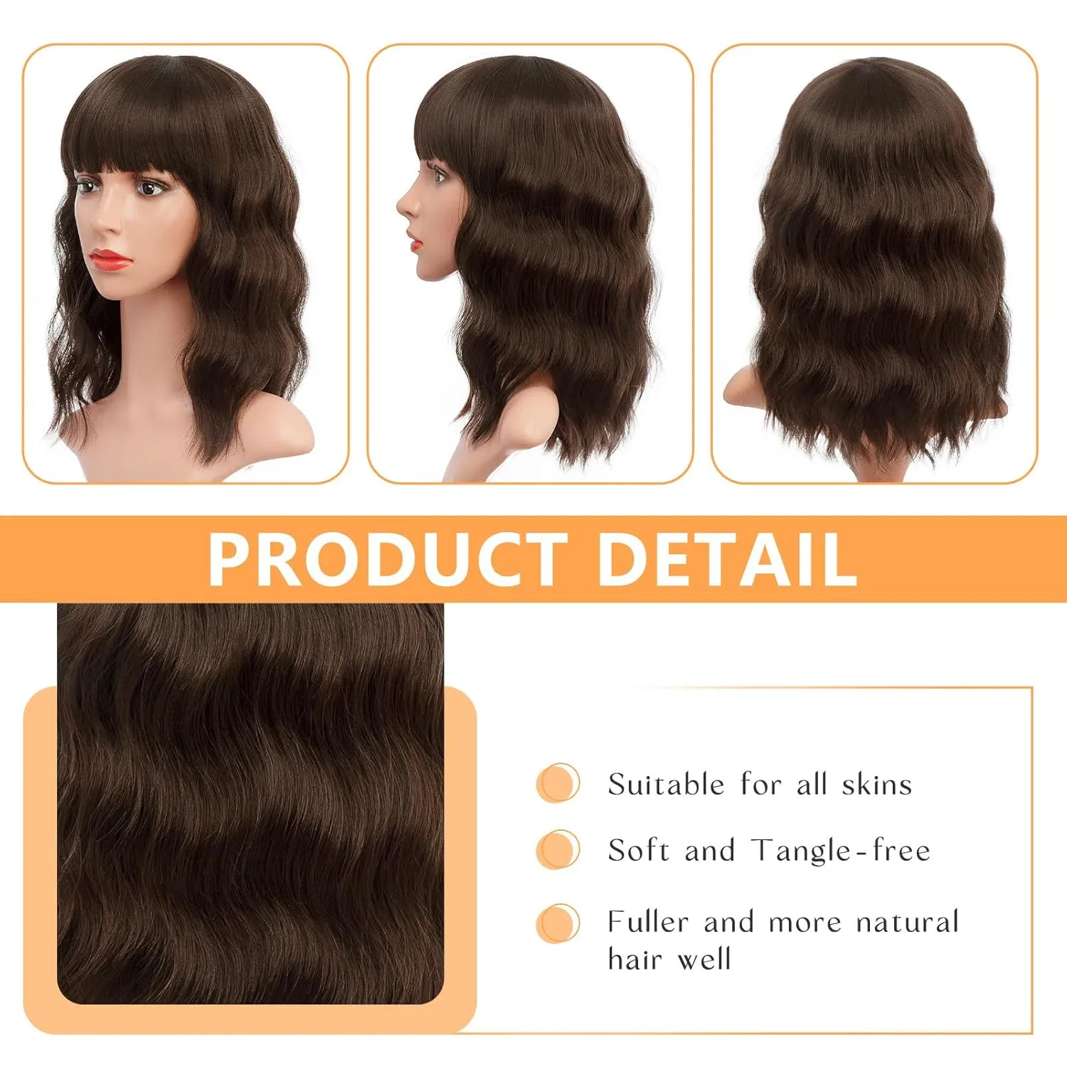 ENTRANCED STYLES Dark Brown Short Wavy Wig With Bangs Brown Wigs for Women 14inch Shoulder Length Bob Curly Wavy Wig Natural Wavy Synthetic Heat Resistant Fiber Hair for Daily Party Halloween Use