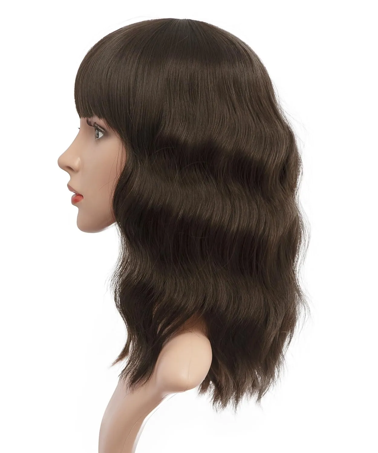ENTRANCED STYLES Dark Brown Short Wavy Wig With Bangs Brown Wigs for Women 14inch Shoulder Length Bob Curly Wavy Wig Natural Wavy Synthetic Heat Resistant Fiber Hair for Daily Party Halloween Use