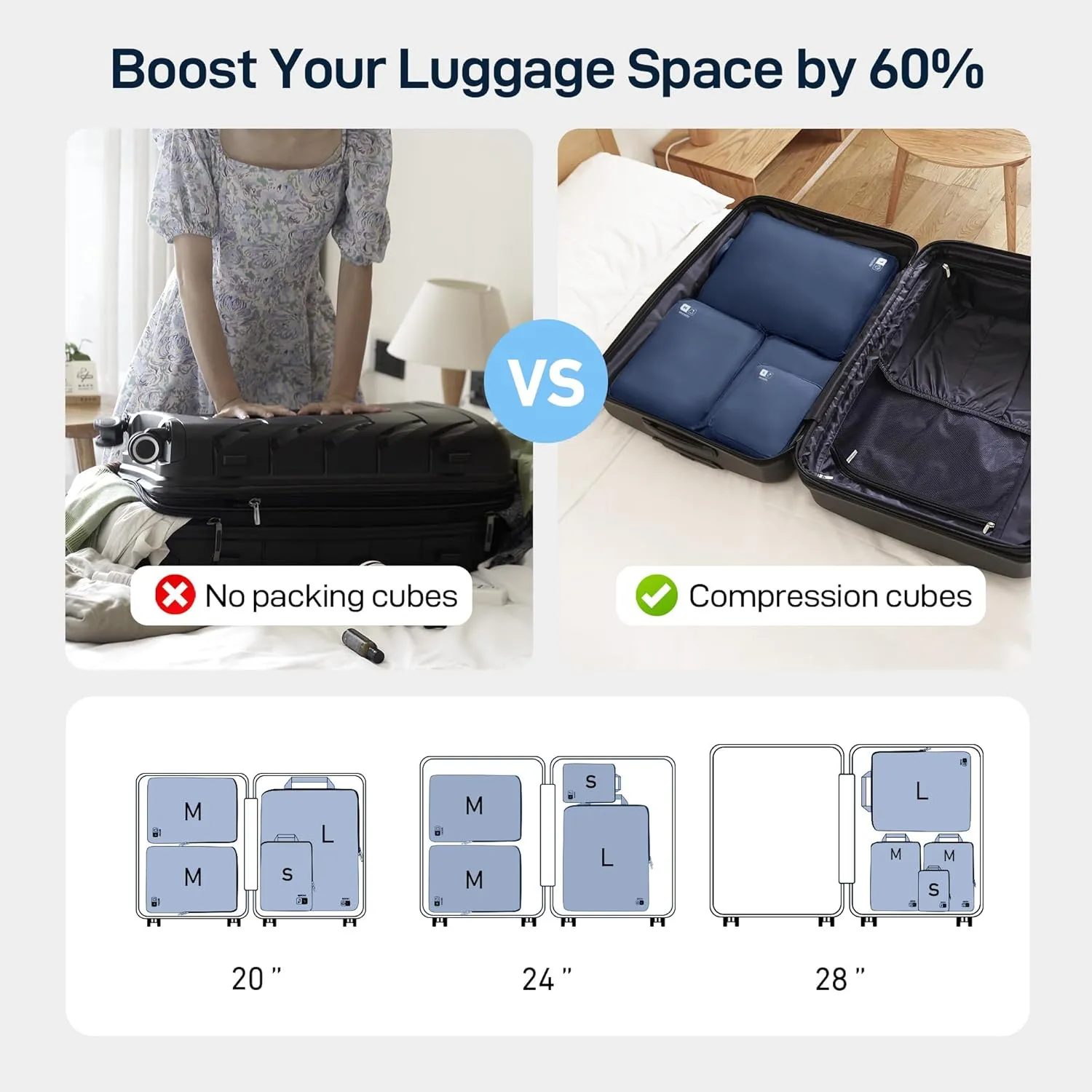 EPICKA 4 Set Ultra-Lightweight Compression Packing Cubes - Water Resistant Durable Travel Organizers Bags for Men, Expandable Travel Accessories for Carry on, Luggage, Suitcase, Backpack (Navy)
