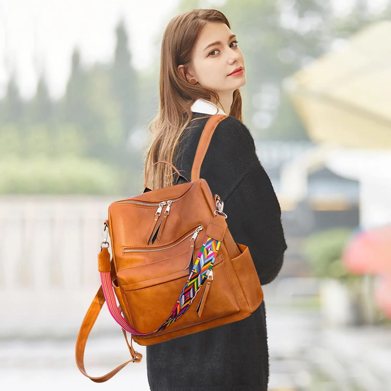 Ergocar Women Backpack, Ladies Fashion PU Leather Travel Backpack, Waterproof Anti-theft, Ladies Shoulder Bag with Detachable Strap, Women handbag with Multi-pocket compartment, for Ladies Teen Girls