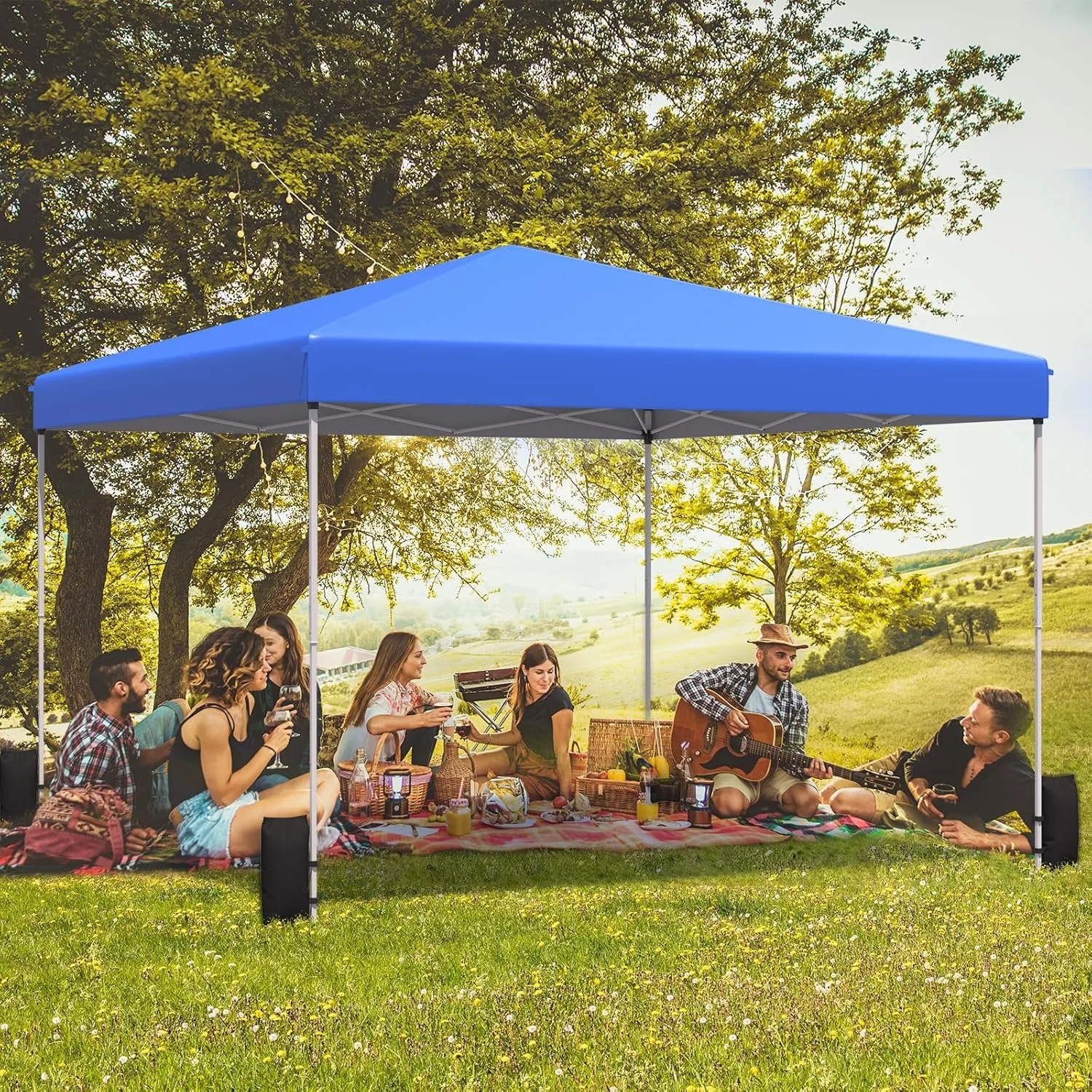 EROMMY 12x12 Pop Up Tent, Easy to Set Up Outdoor Canopy, Portable Gazebo for Parties, Events, Camping with 4 Sand Bags, Wheeled Bag, 4 Ropes and 8 Spikes(Blue)
