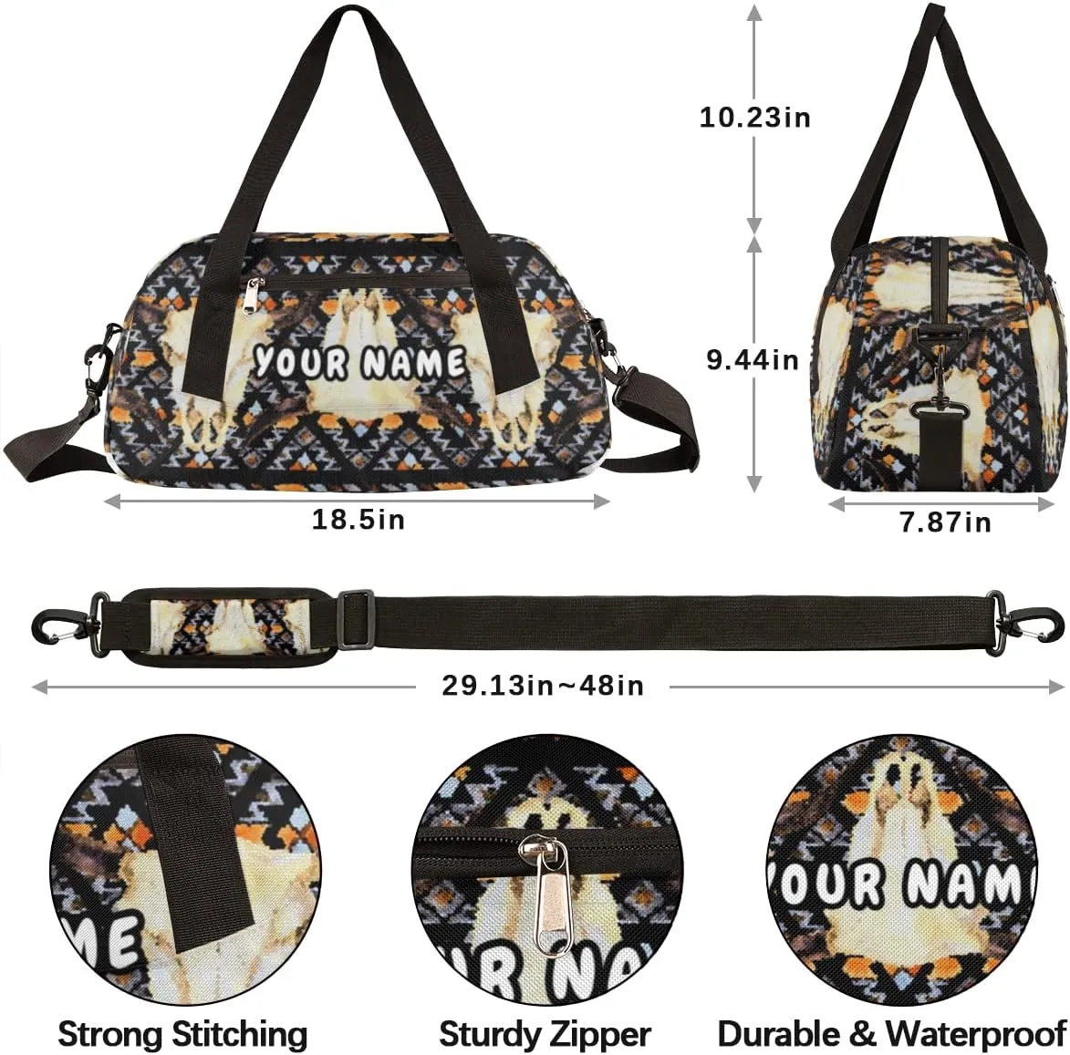 Ethnic Buffalo Skull Personalized Kids Duffel Bag for Girls Boys, Skull Debris Custom Dance Bag Overnight Small Duffel Bag Carry On Weekend Sports Travel Bag for School Practice Gymnastics Ballet