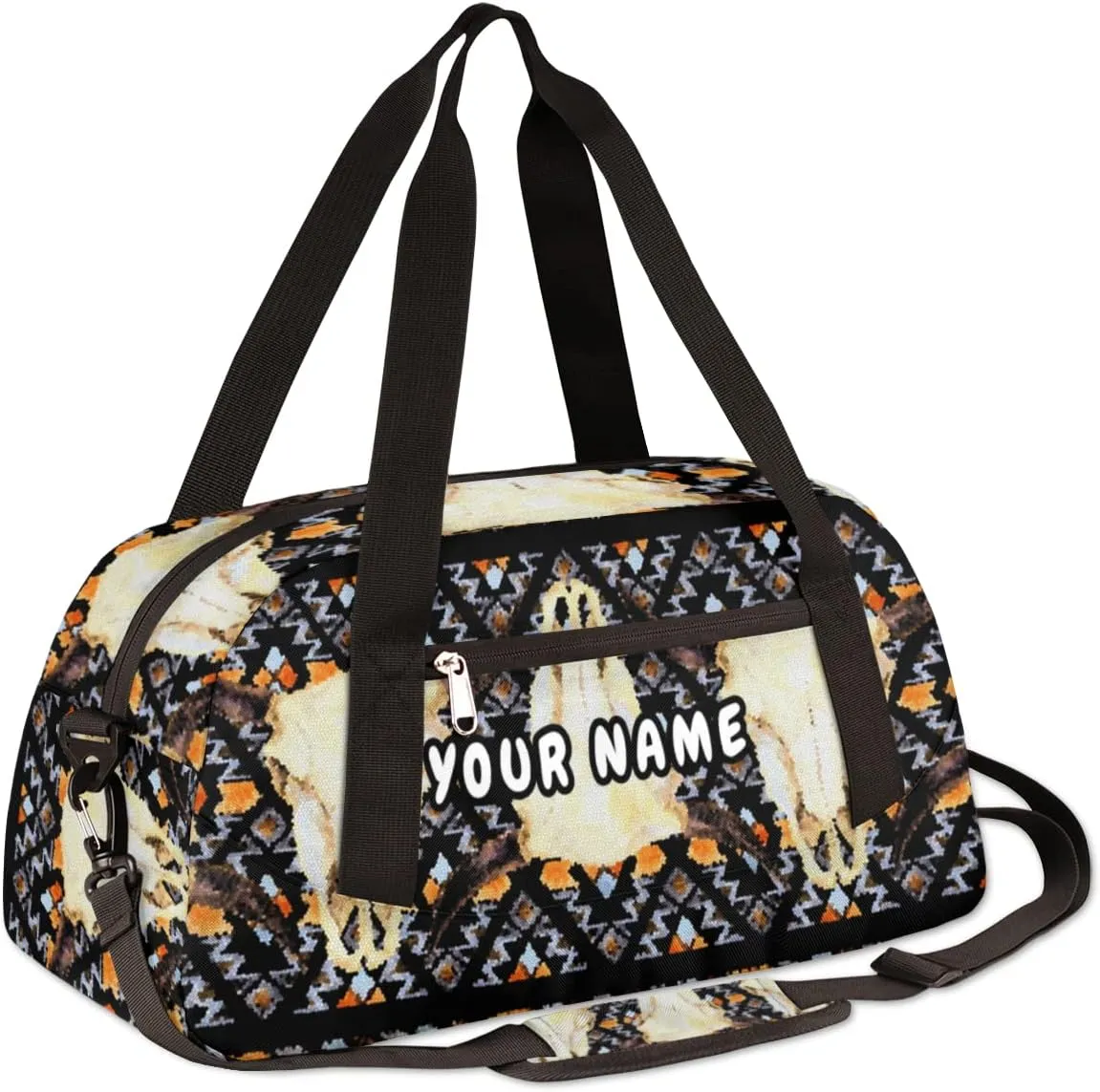 Ethnic Buffalo Skull Personalized Kids Duffel Bag for Girls Boys, Skull Debris Custom Dance Bag Overnight Small Duffel Bag Carry On Weekend Sports Travel Bag for School Practice Gymnastics Ballet