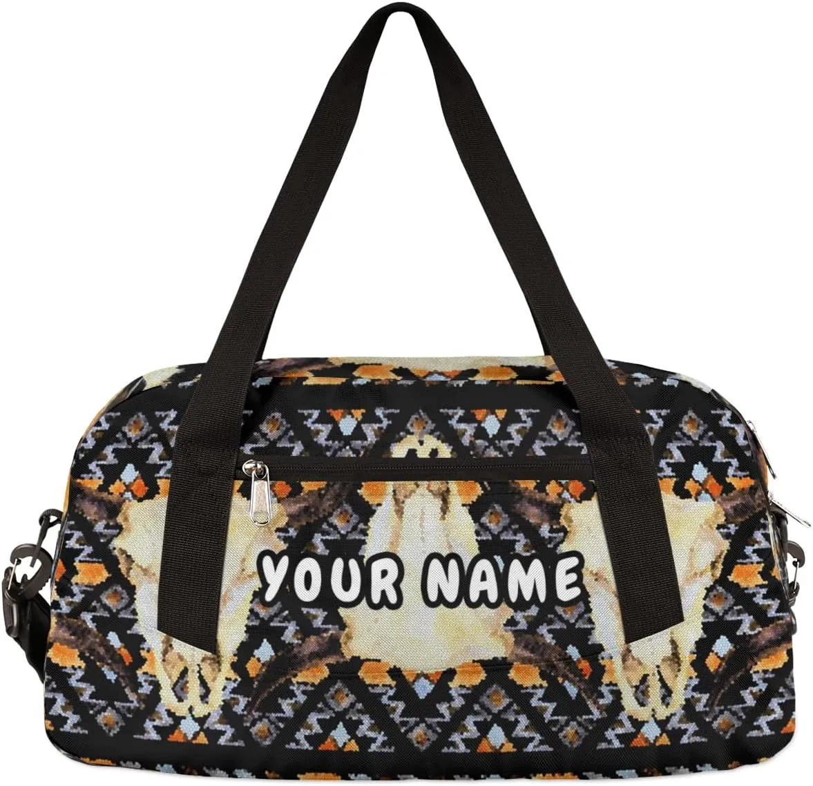 Ethnic Buffalo Skull Personalized Kids Duffel Bag for Girls Boys, Skull Debris Custom Dance Bag Overnight Small Duffel Bag Carry On Weekend Sports Travel Bag for School Practice Gymnastics Ballet