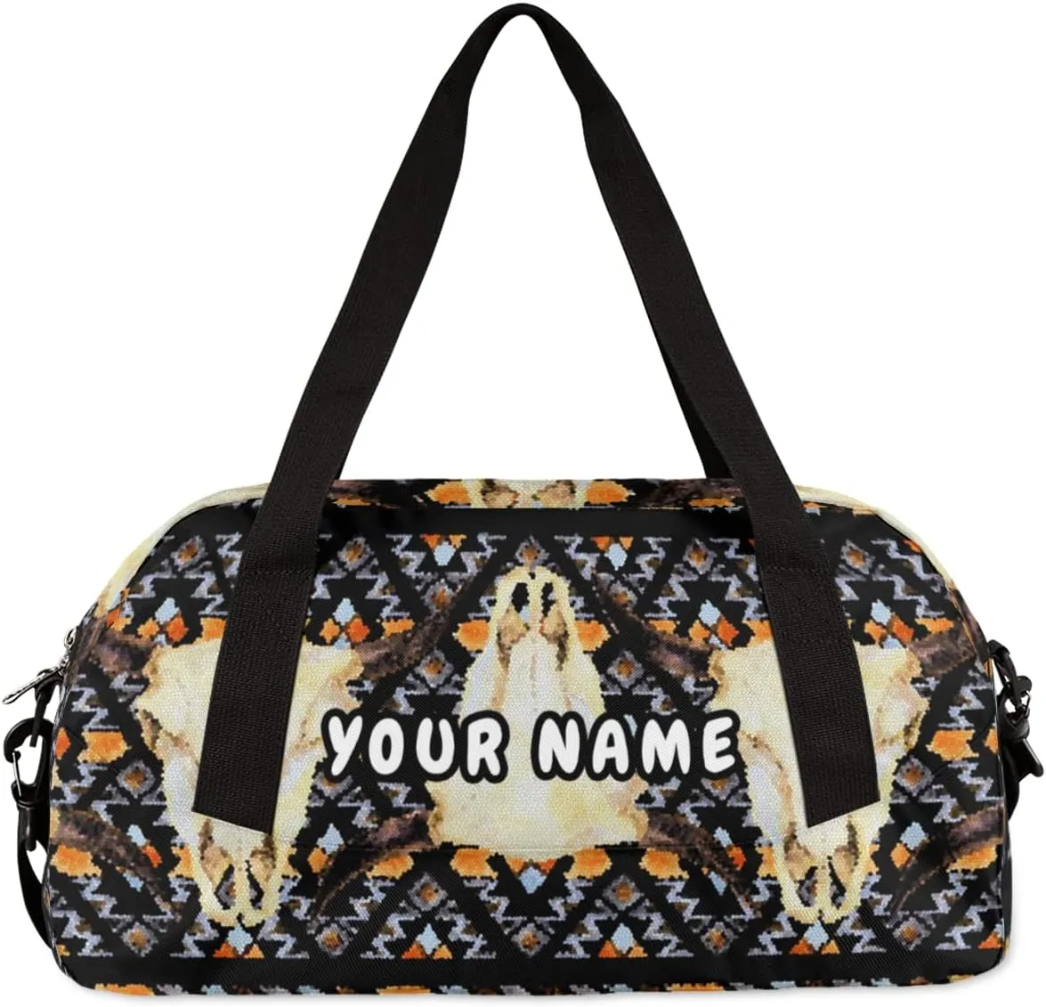 Ethnic Buffalo Skull Personalized Kids Duffel Bag for Girls Boys, Skull Debris Custom Dance Bag Overnight Small Duffel Bag Carry On Weekend Sports Travel Bag for School Practice Gymnastics Ballet