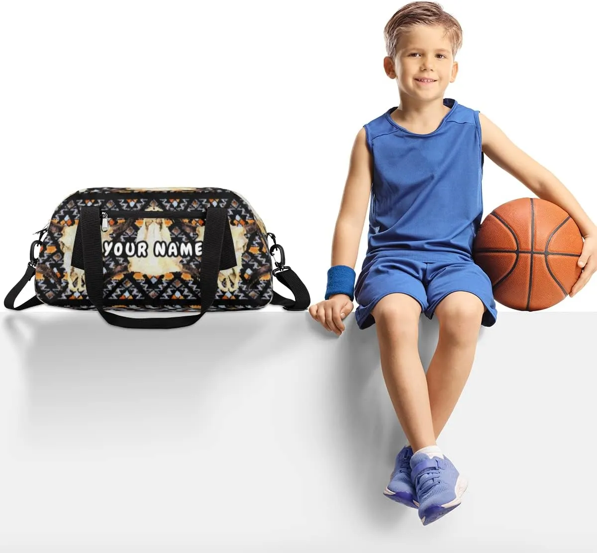 Ethnic Buffalo Skull Personalized Kids Duffel Bag for Girls Boys, Skull Debris Custom Dance Bag Overnight Small Duffel Bag Carry On Weekend Sports Travel Bag for School Practice Gymnastics Ballet