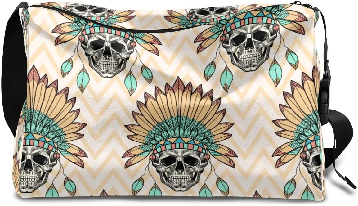 Ethnic Indian Sugar Skull Small Gym Bag for Men Women Workout Sport Duffle Bag Waterproof Weekender Overnight Bag Lightweight Carry on Tote Bag Crossbody Shoulder Travel Bag for Swim Yoge Dance