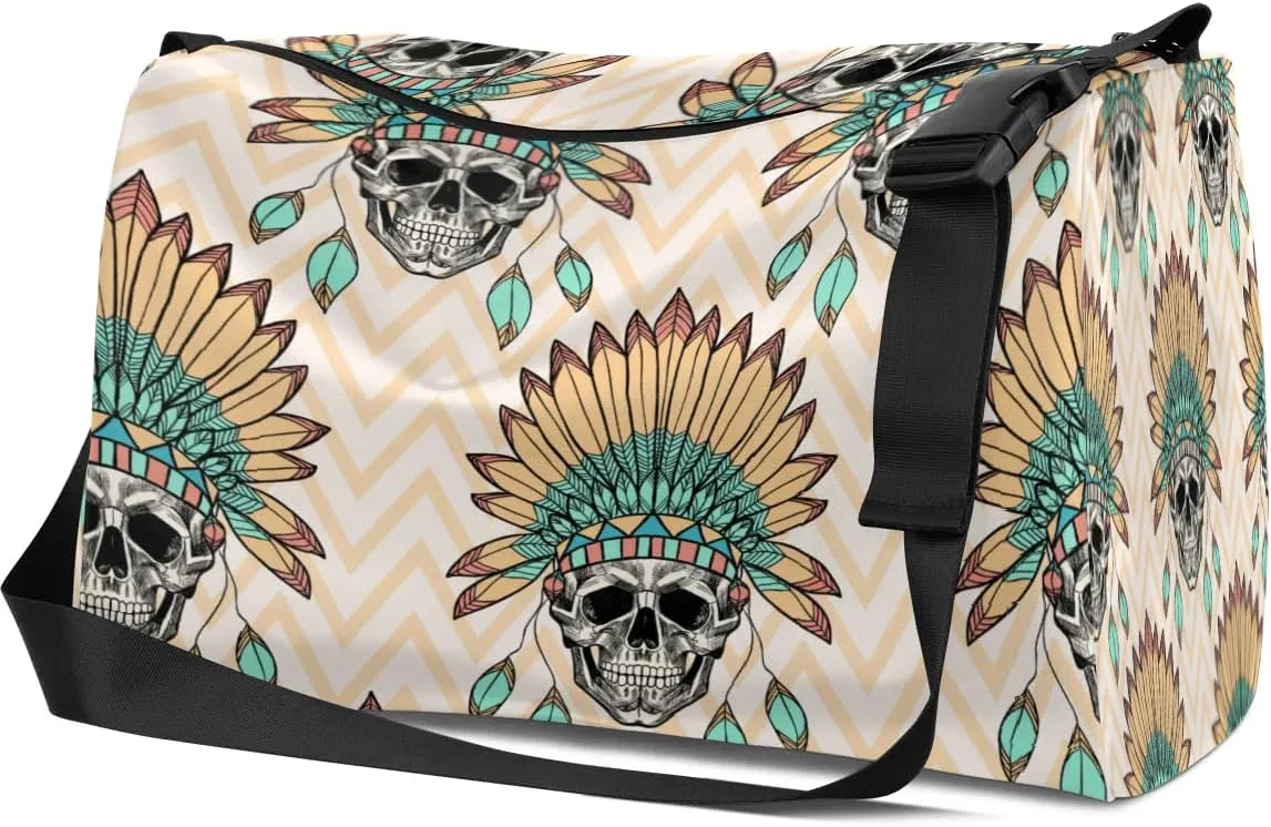 Ethnic Indian Sugar Skull Small Gym Bag for Men Women Workout Sport Duffle Bag Waterproof Weekender Overnight Bag Lightweight Carry on Tote Bag Crossbody Shoulder Travel Bag for Swim Yoge Dance