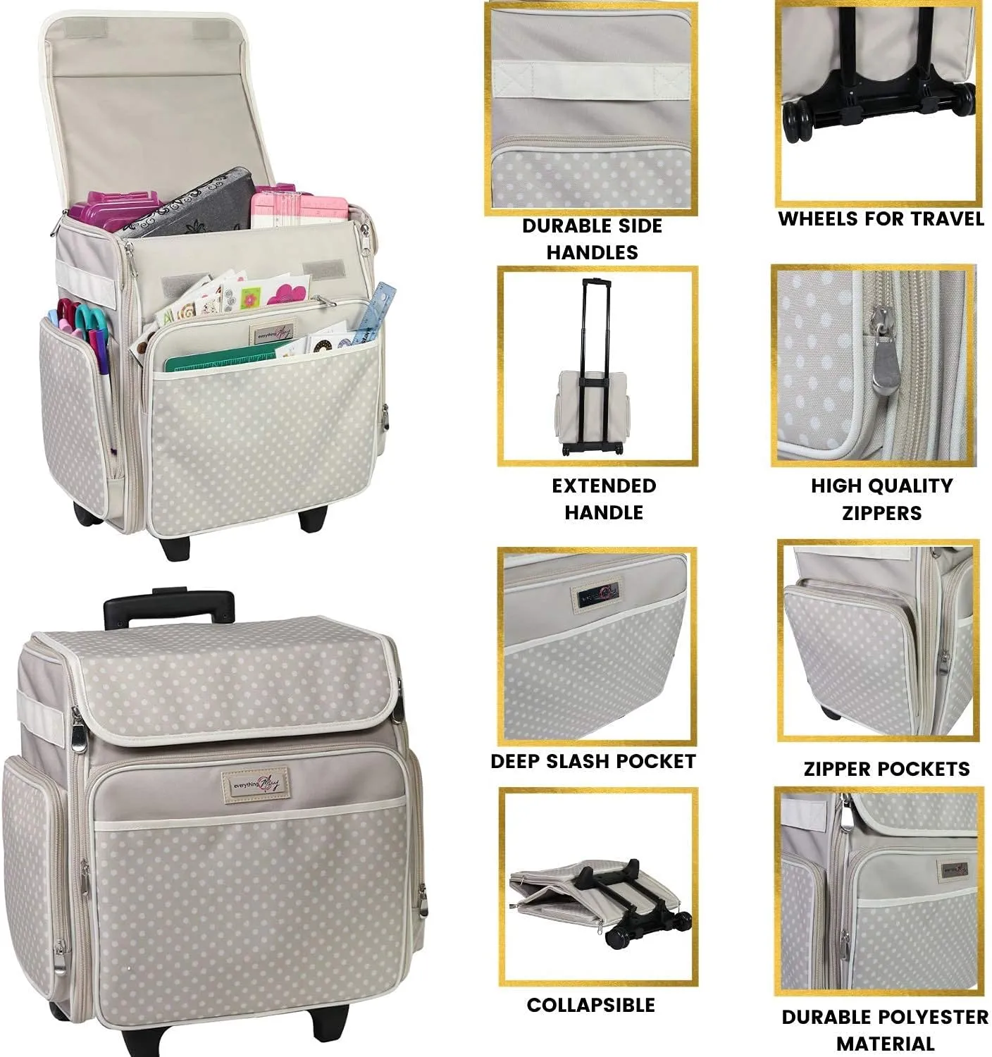 Everything Mary Collapsible Rolling Craft Bag, Tan - Wheeled Scrapbook Tote for Scrapbooking & Art - Travel Organizer Storage Bin for Paper, Glue, Tape - Roller Cart for Teachers & Medical