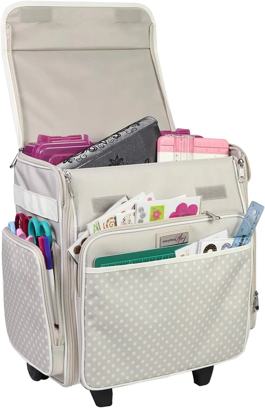Everything Mary Collapsible Rolling Craft Bag, Tan - Wheeled Scrapbook Tote for Scrapbooking & Art - Travel Organizer Storage Bin for Paper, Glue, Tape - Roller Cart for Teachers & Medical