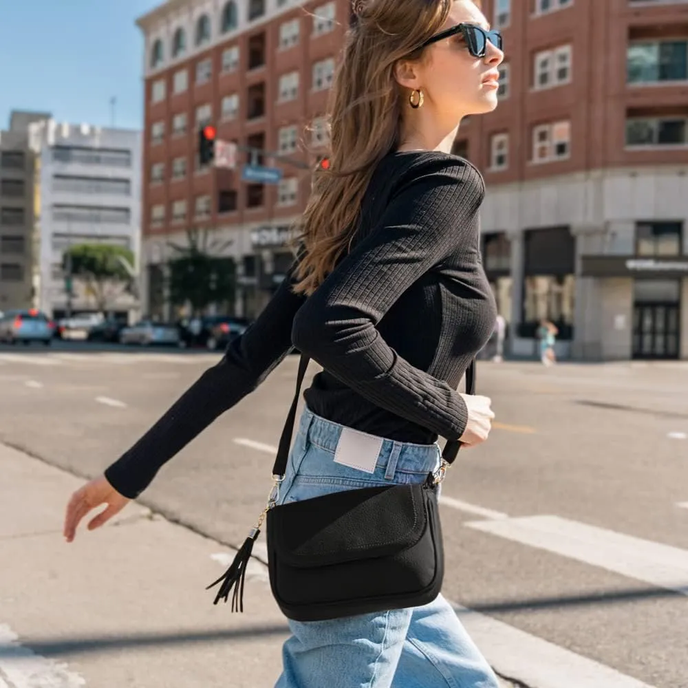 EVVE Small Crossbody Bags for Women Trendy Flap Saddle Purses with Tassel Vegan leather Shoulder bag