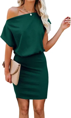 Ezbelle Women's Off The Shoulder Short Sleeve Ribbed Casual Summer HIPS-Wrapped Bodycon Party Mini Dress