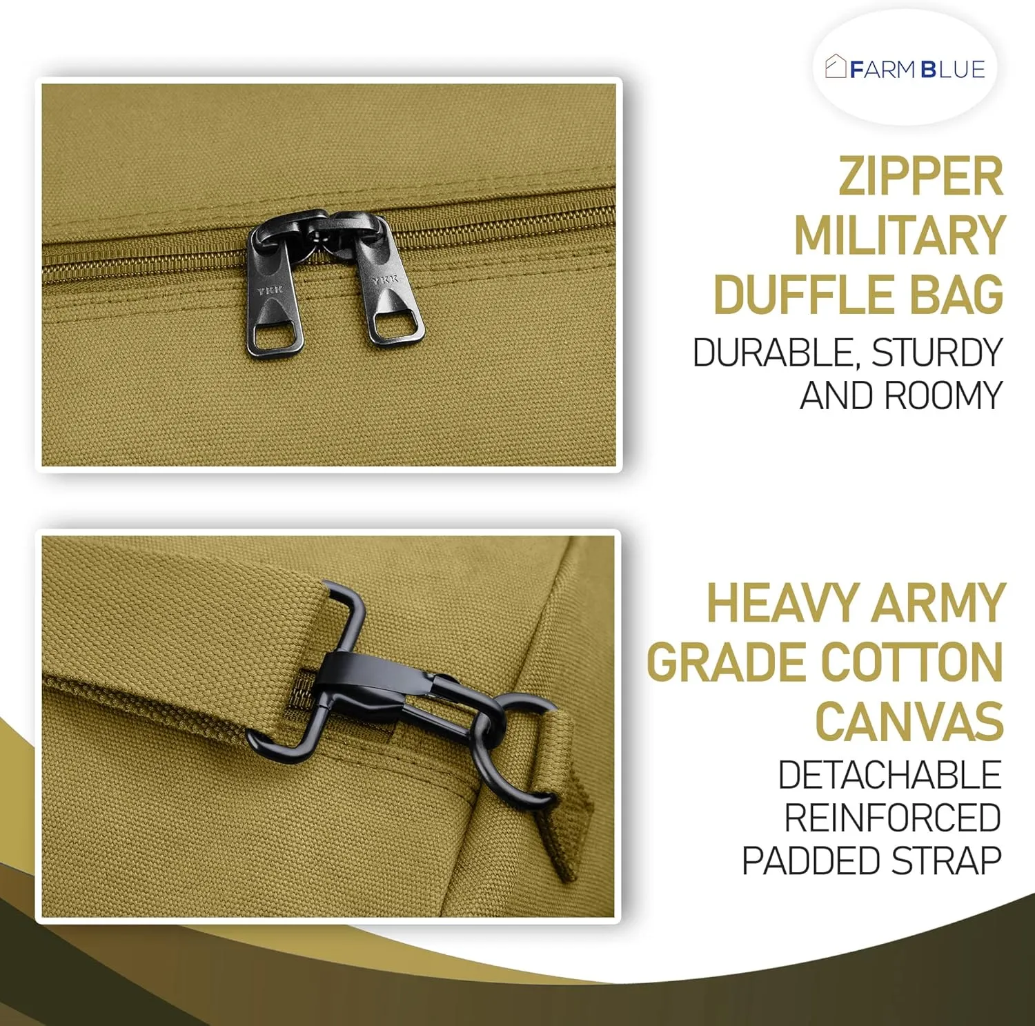 Farm Blue GI Style Zipper Duffle Bag Heavy Duty Army Duffle Bags - Military Grade Cotton Canvas Duffel Bag - Reinforced Camping Bag - Strong Zipper & Center Grab Handle (Olive Drab, Large)