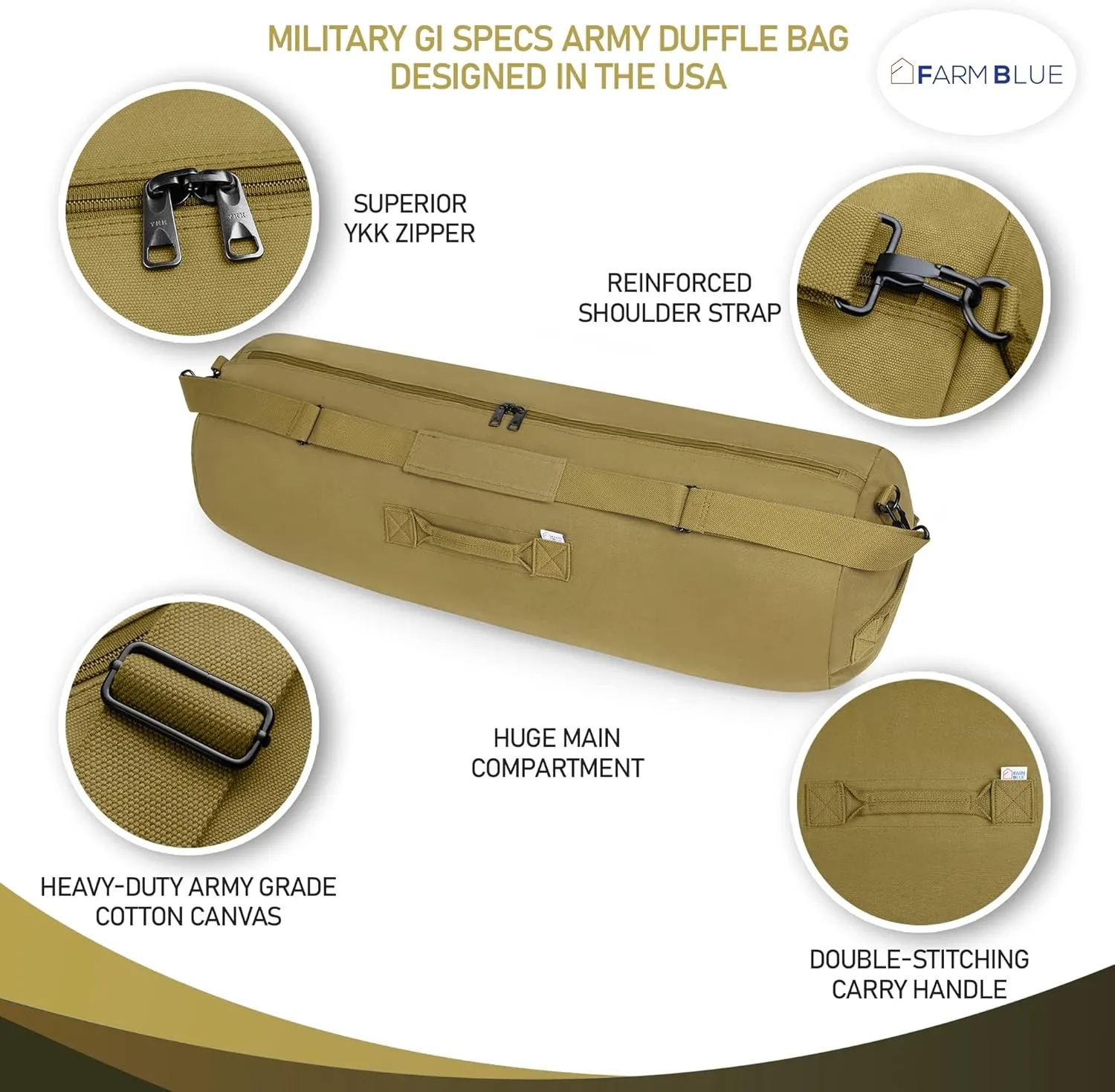 Farm Blue GI Style Zipper Duffle Bag Heavy Duty Army Duffle Bags - Military Grade Cotton Canvas Duffel Bag - Reinforced Camping Bag - Strong Zipper & Center Grab Handle (Olive Drab, Large)