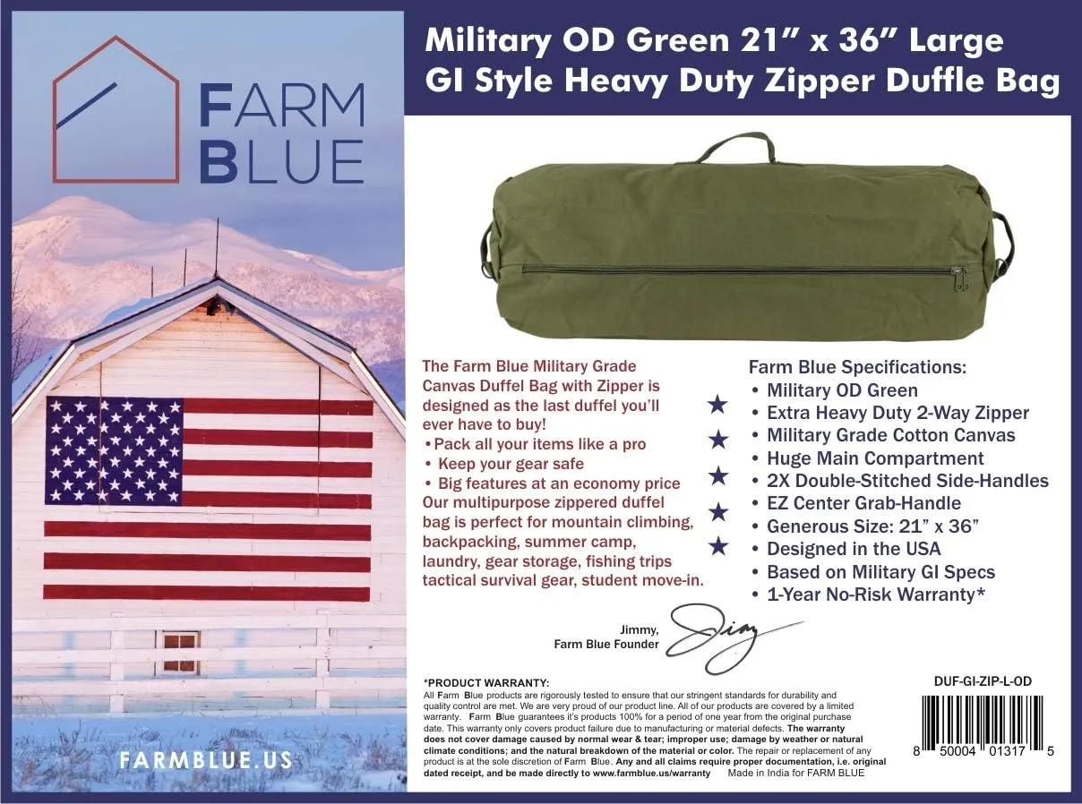Farm Blue GI Style Zipper Duffle Bag Heavy Duty Army Duffle Bags - Military Grade Cotton Canvas Duffel Bag - Reinforced Camping Bag - Strong Zipper & Center Grab Handle (Olive Drab, Large)
