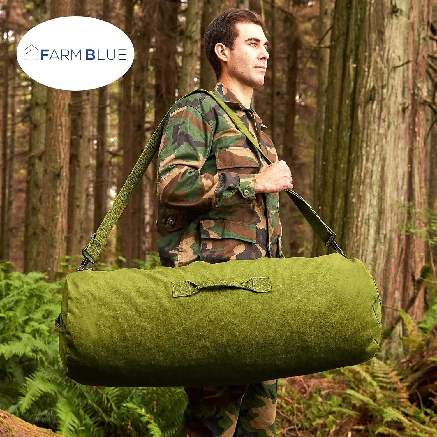 Farm Blue GI Style Zipper Duffle Bag Heavy Duty Army Duffle Bags - Military Grade Cotton Canvas Duffel Bag - Reinforced Camping Bag - Strong Zipper & Center Grab Handle (Olive Drab, Large)