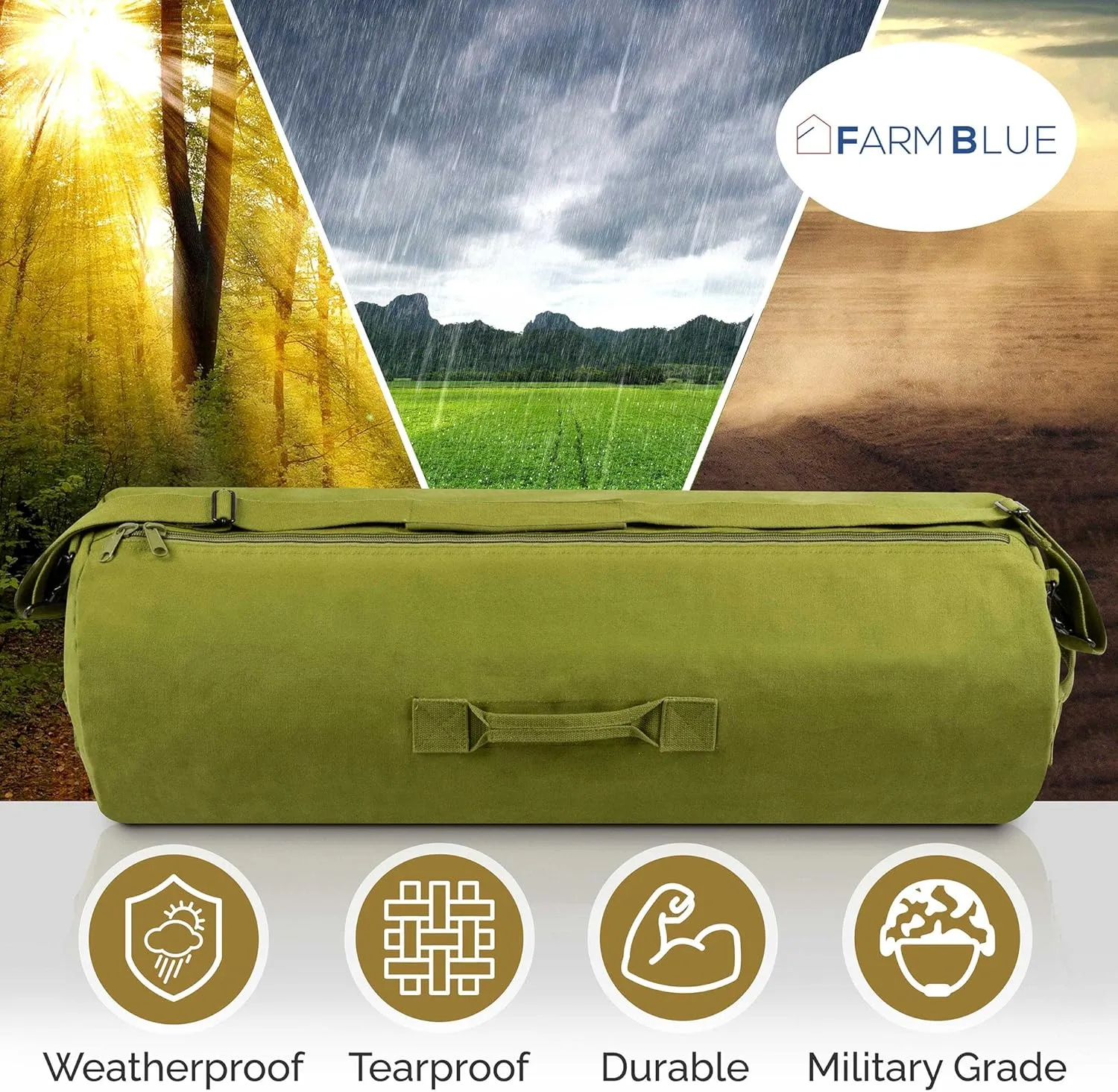 Farm Blue GI Style Zipper Duffle Bag Heavy Duty Army Duffle Bags - Military Grade Cotton Canvas Duffel Bag - Reinforced Camping Bag - Strong Zipper & Center Grab Handle (Olive Drab, Large)