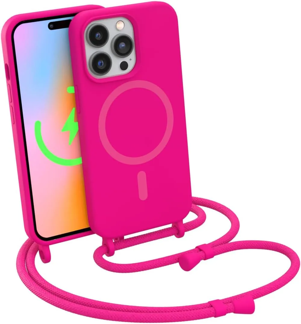 FELONY CASE - iPhone 13 Pro Max Case, Stylish Neon Pink Hands-Free Lanyard iPhone Case with Adjustable Necklace - Protective Silicone Crossbody Case for iPhone 13 Pro Max - Compatible with MagSafe
