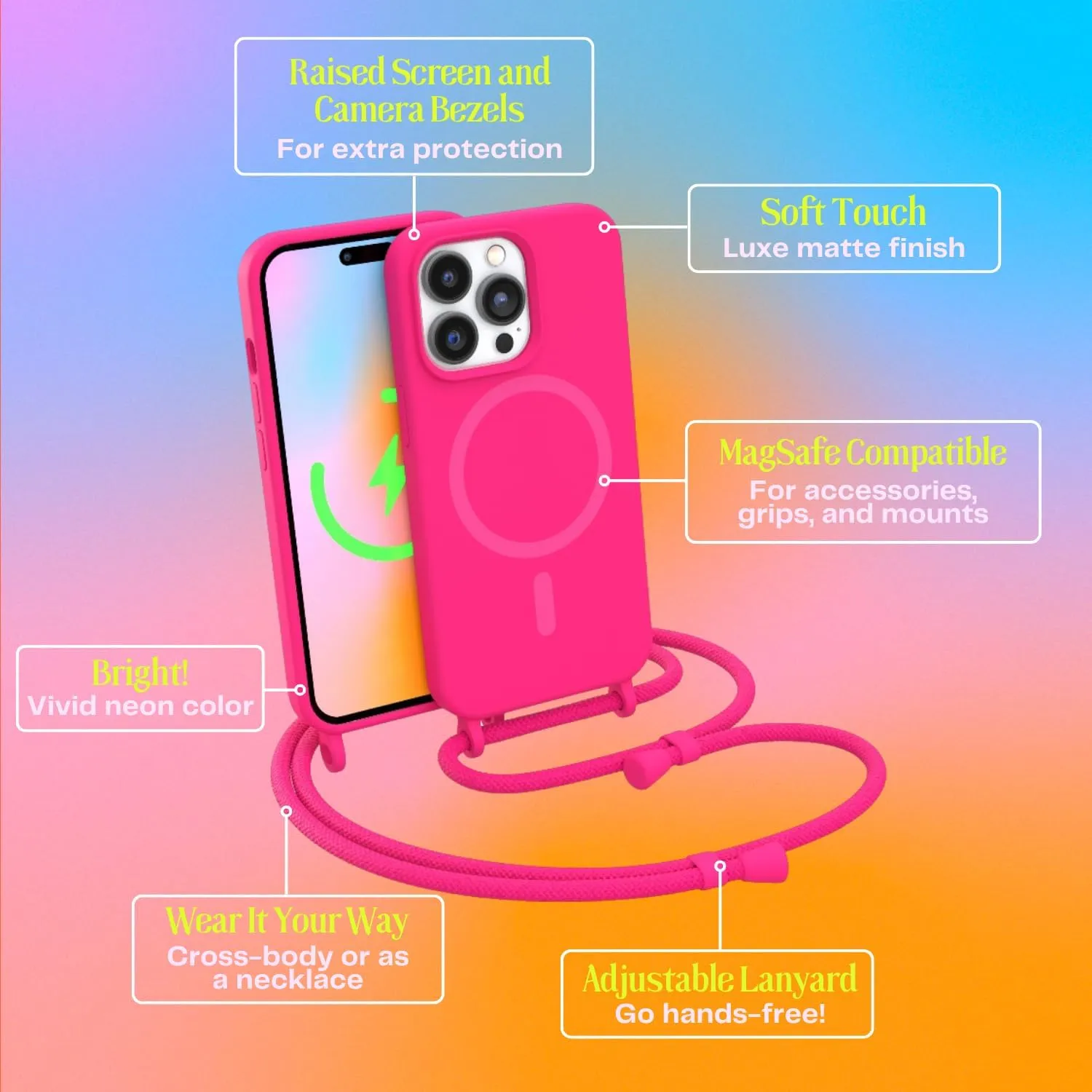 FELONY CASE - iPhone 13 Pro Max Case, Stylish Neon Pink Hands-Free Lanyard iPhone Case with Adjustable Necklace - Protective Silicone Crossbody Case for iPhone 13 Pro Max - Compatible with MagSafe