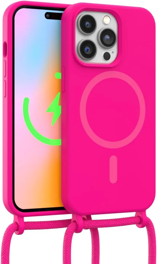 FELONY CASE - iPhone 13 Pro Max Case, Stylish Neon Pink Hands-Free Lanyard iPhone Case with Adjustable Necklace - Protective Silicone Crossbody Case for iPhone 13 Pro Max - Compatible with MagSafe