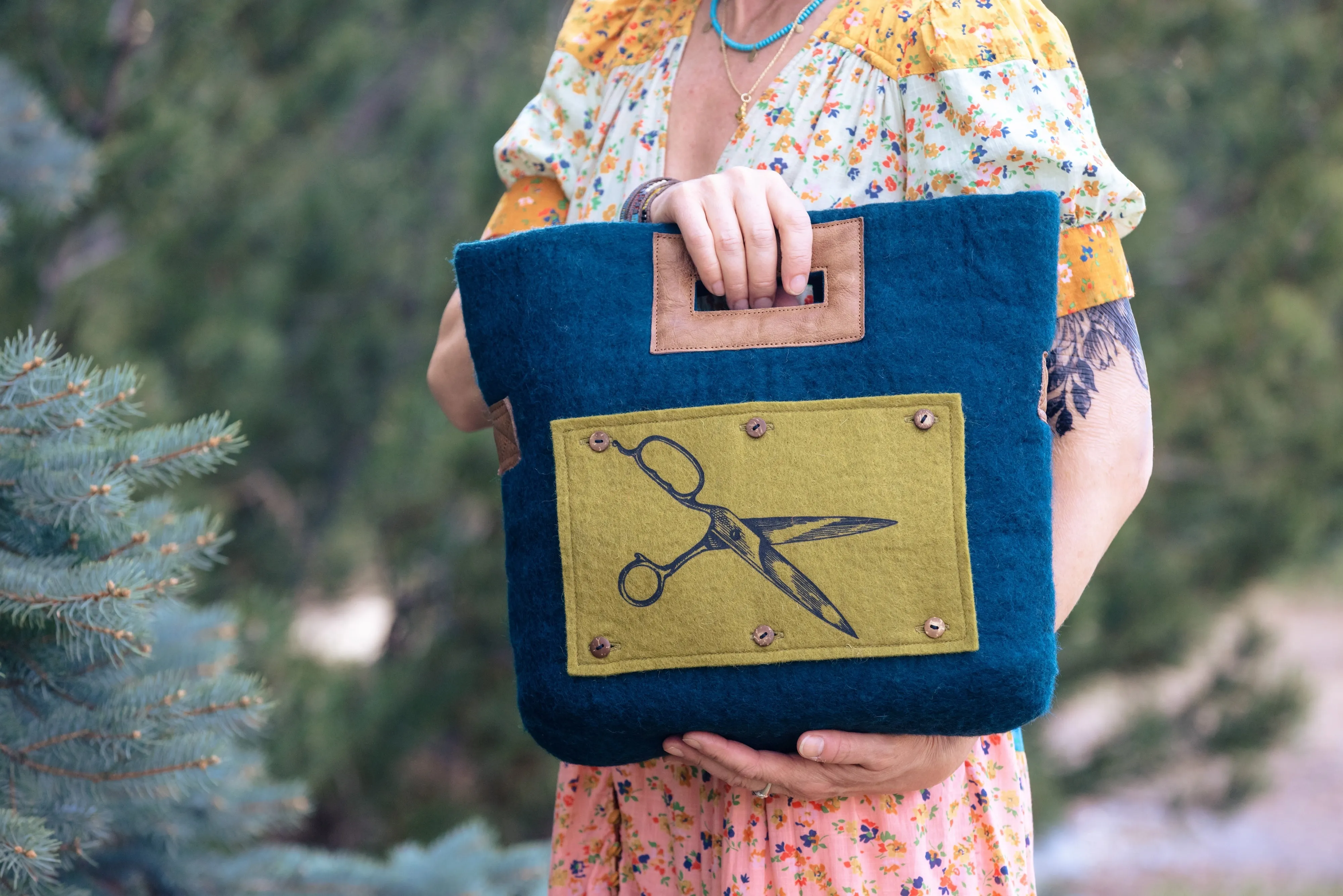 Felt and Leather Tote Bag with Buttons