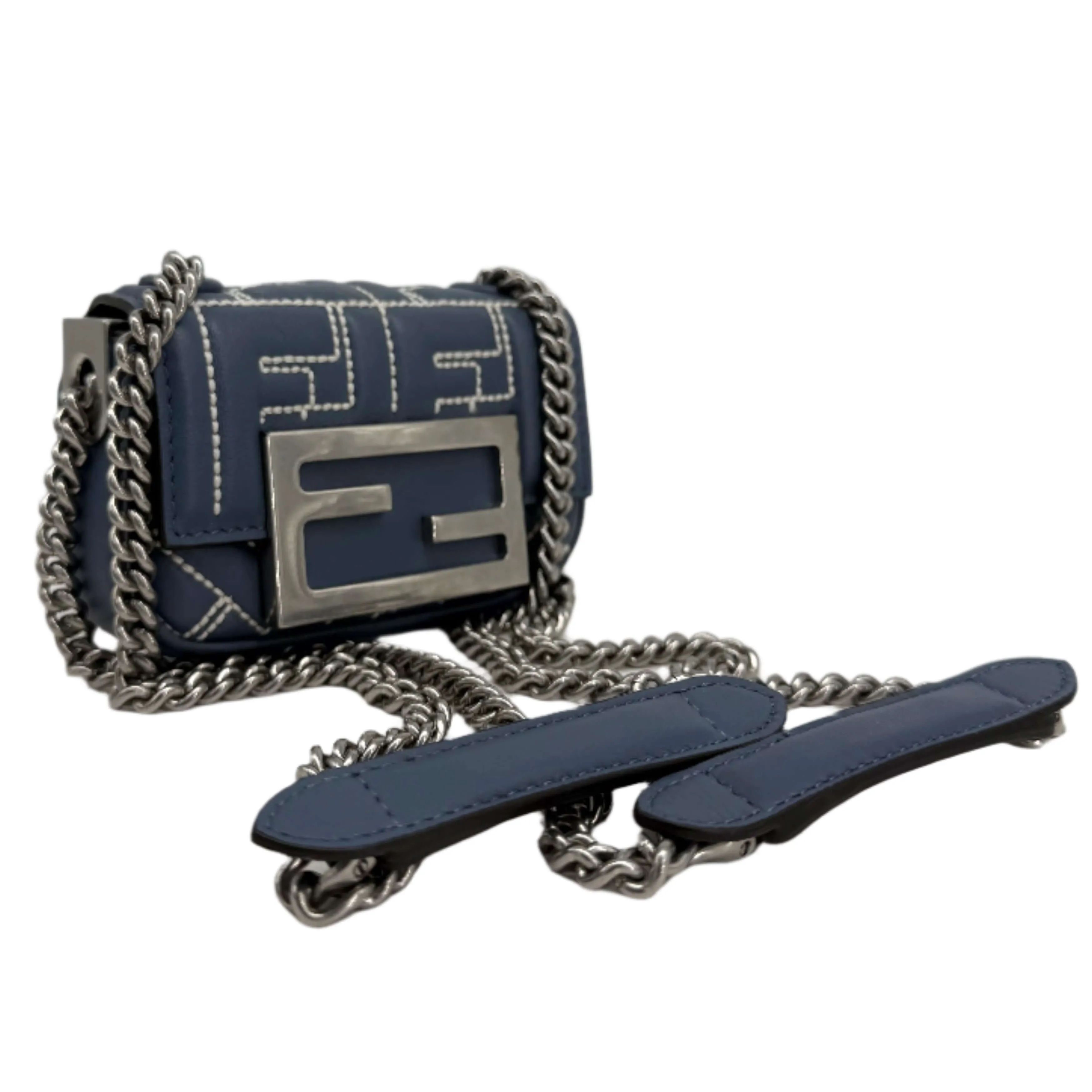 Fendi Blue Embossed Stitched Leather Nano Baguette Chain Crossbody Bag –  Pre-Owned