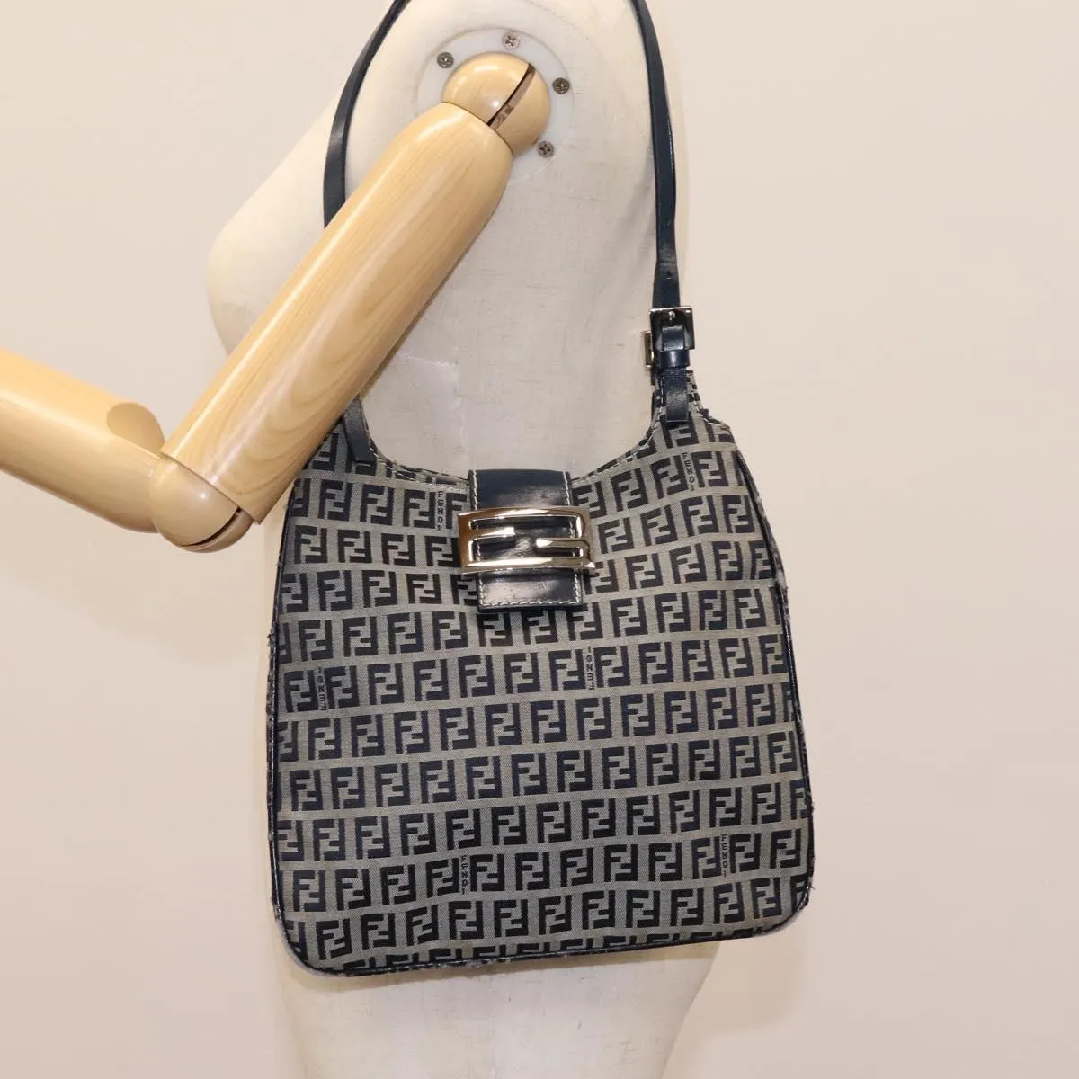 FENDI Zucchino Canvas Shoulder Bag Navy 114284