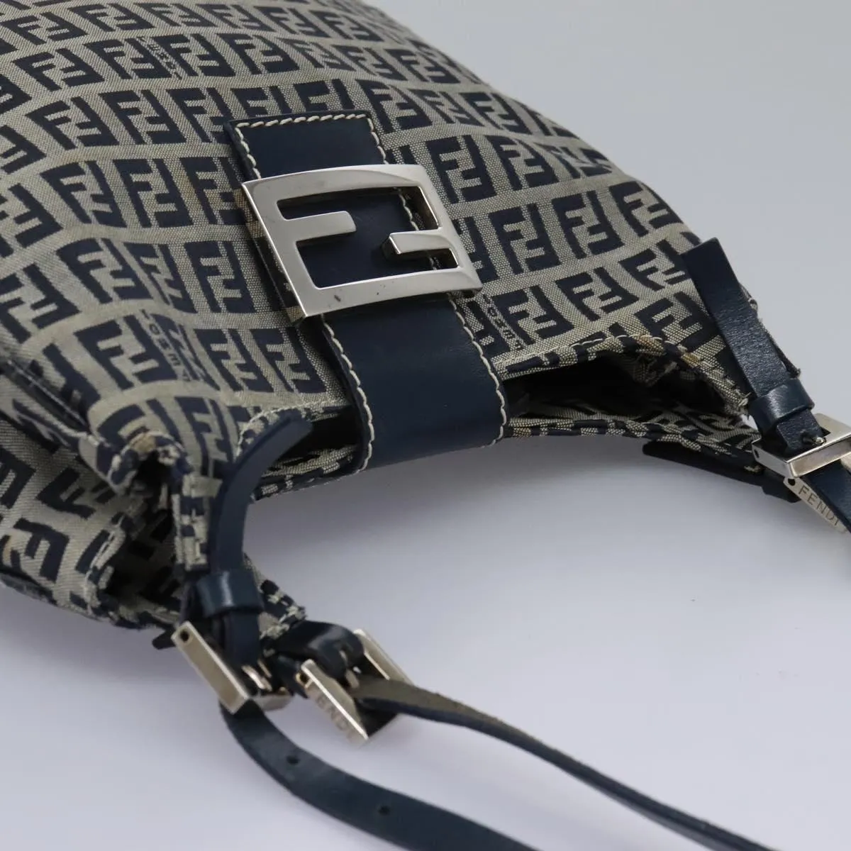 FENDI Zucchino Canvas Shoulder Bag Navy 114284