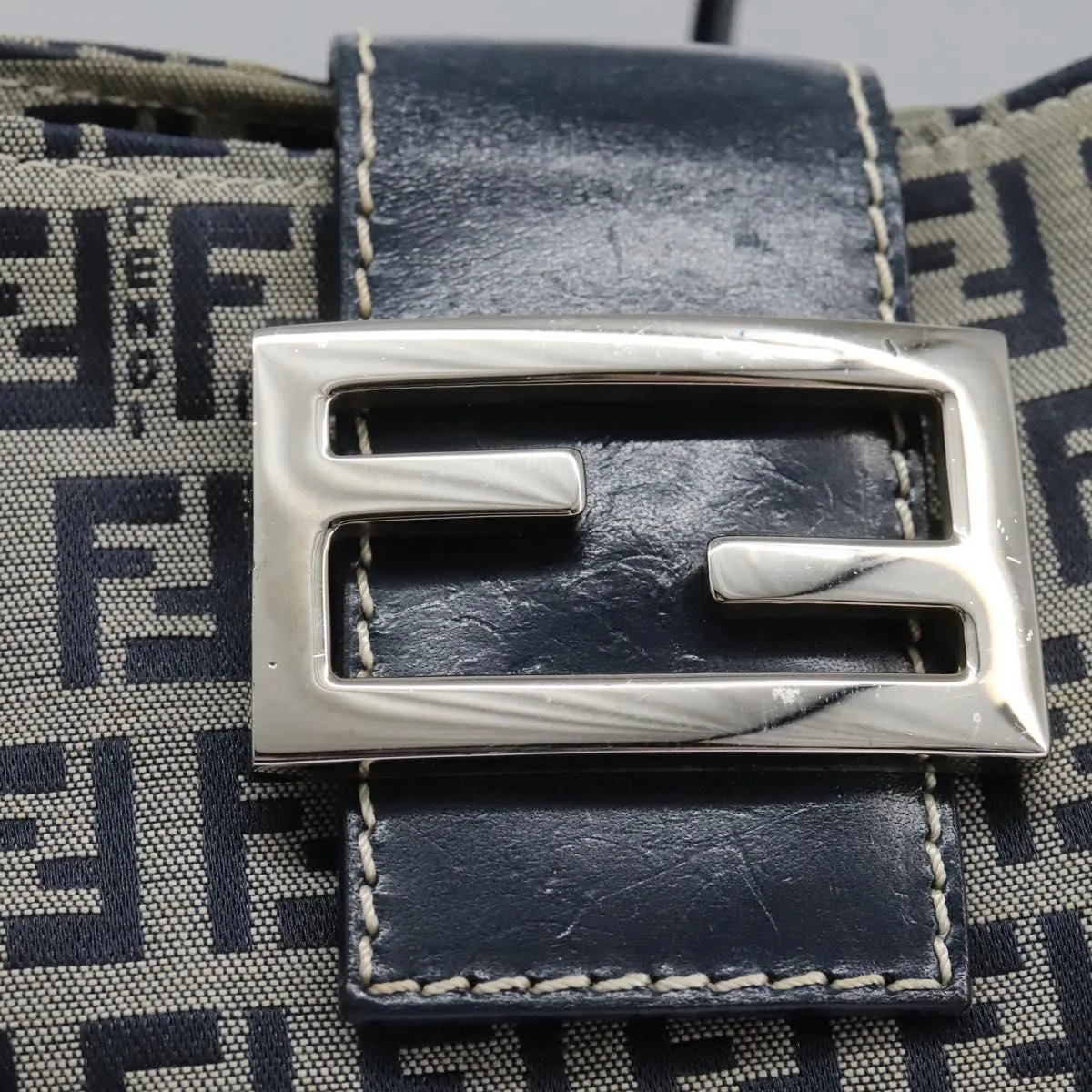 FENDI Zucchino Canvas Shoulder Bag Navy 114284