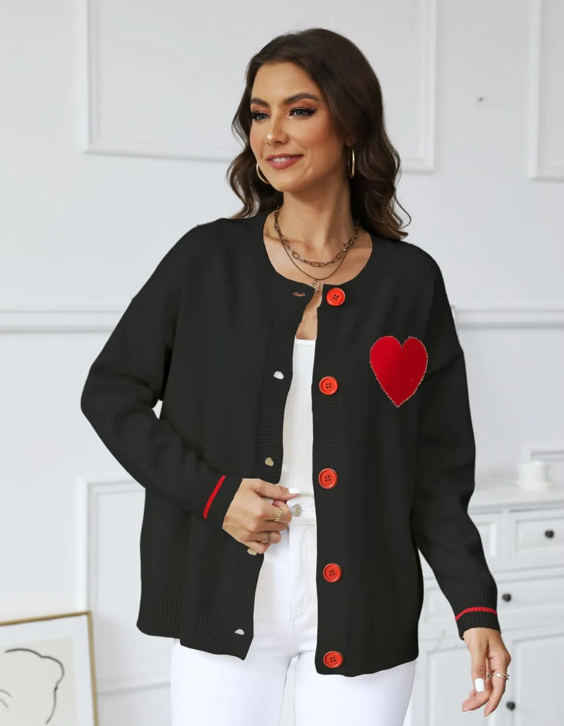FindThy Women's Cute Cardigan Sweater Kawaii Love Heart Print Y2K Button Knitted Outerwear