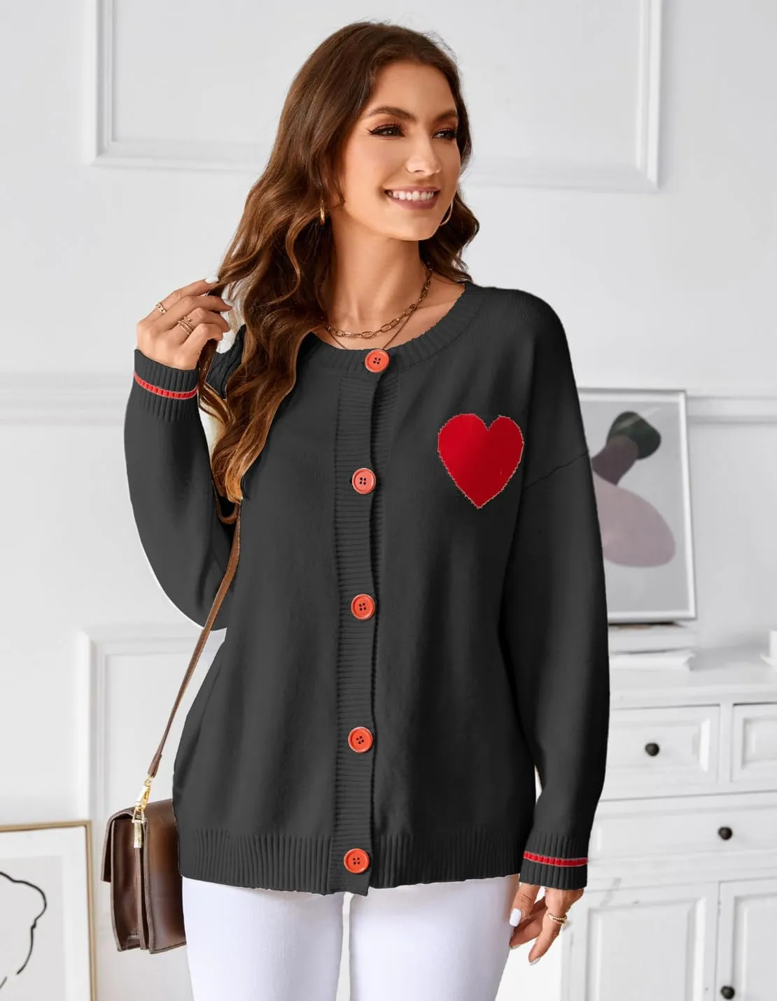 FindThy Women's Cute Cardigan Sweater Kawaii Love Heart Print Y2K Button Knitted Outerwear